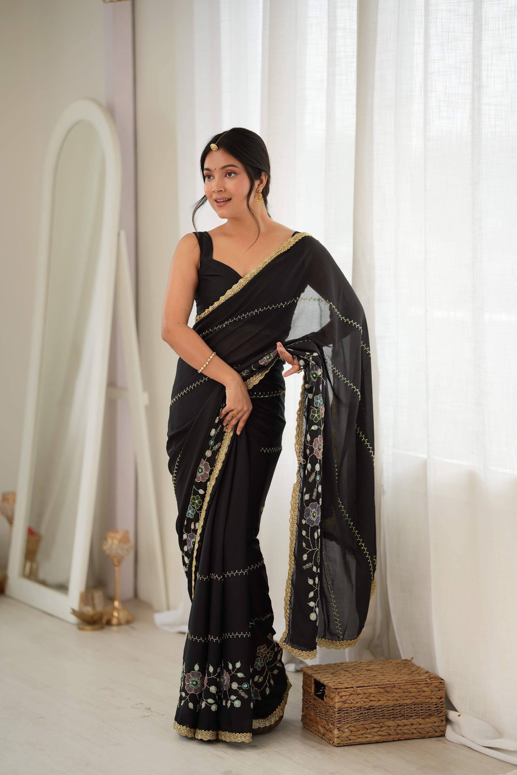 Black Floral Embroidered Star Georgette Saree