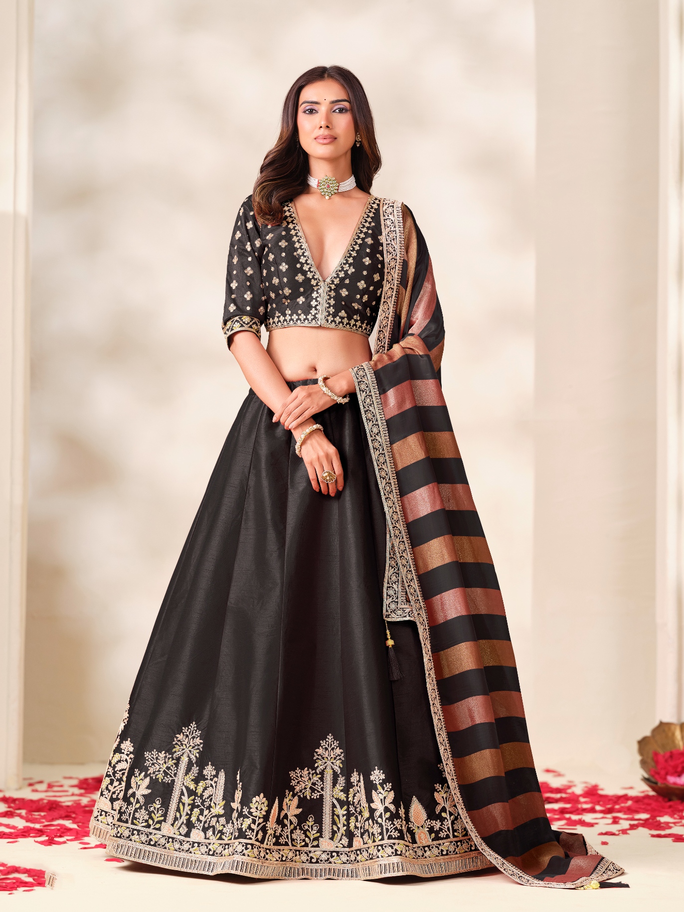 Black Floral Embroidery Art Silk Circular Lehenga Choli