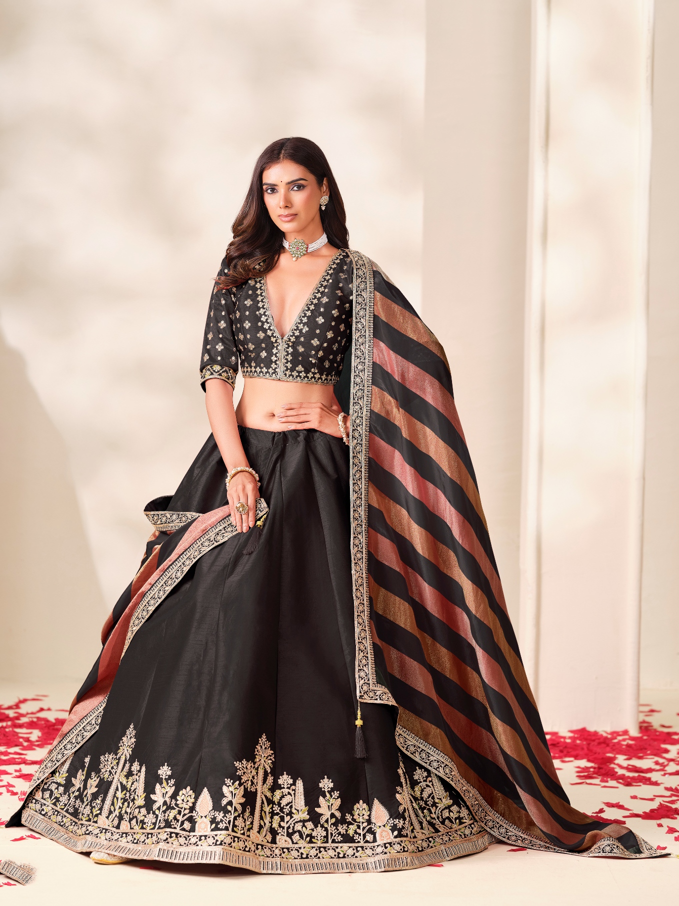 Black Floral Embroidery Art Silk Circular Lehenga Choli — alternate view