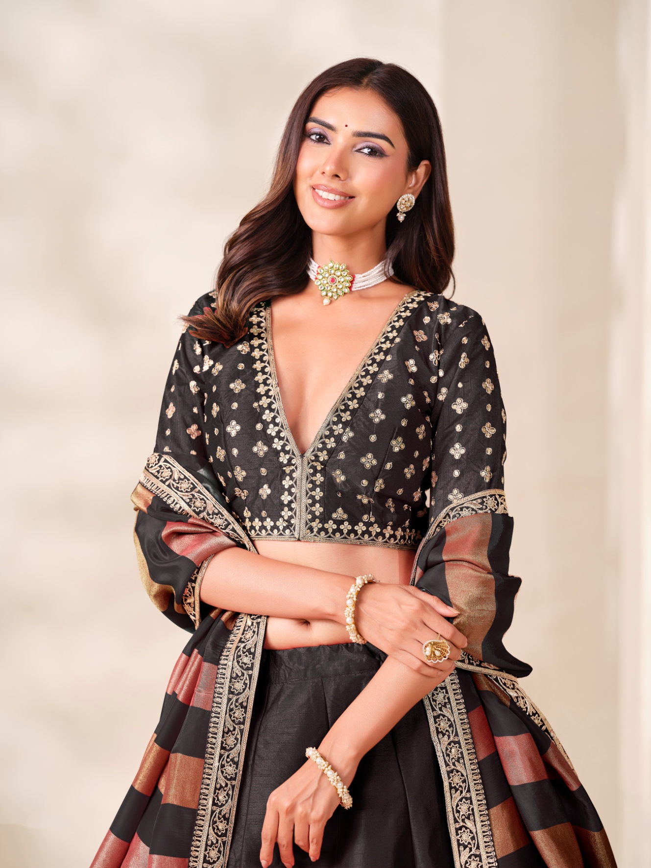 Black Floral Embroidery Art Silk Circular Lehenga Choli