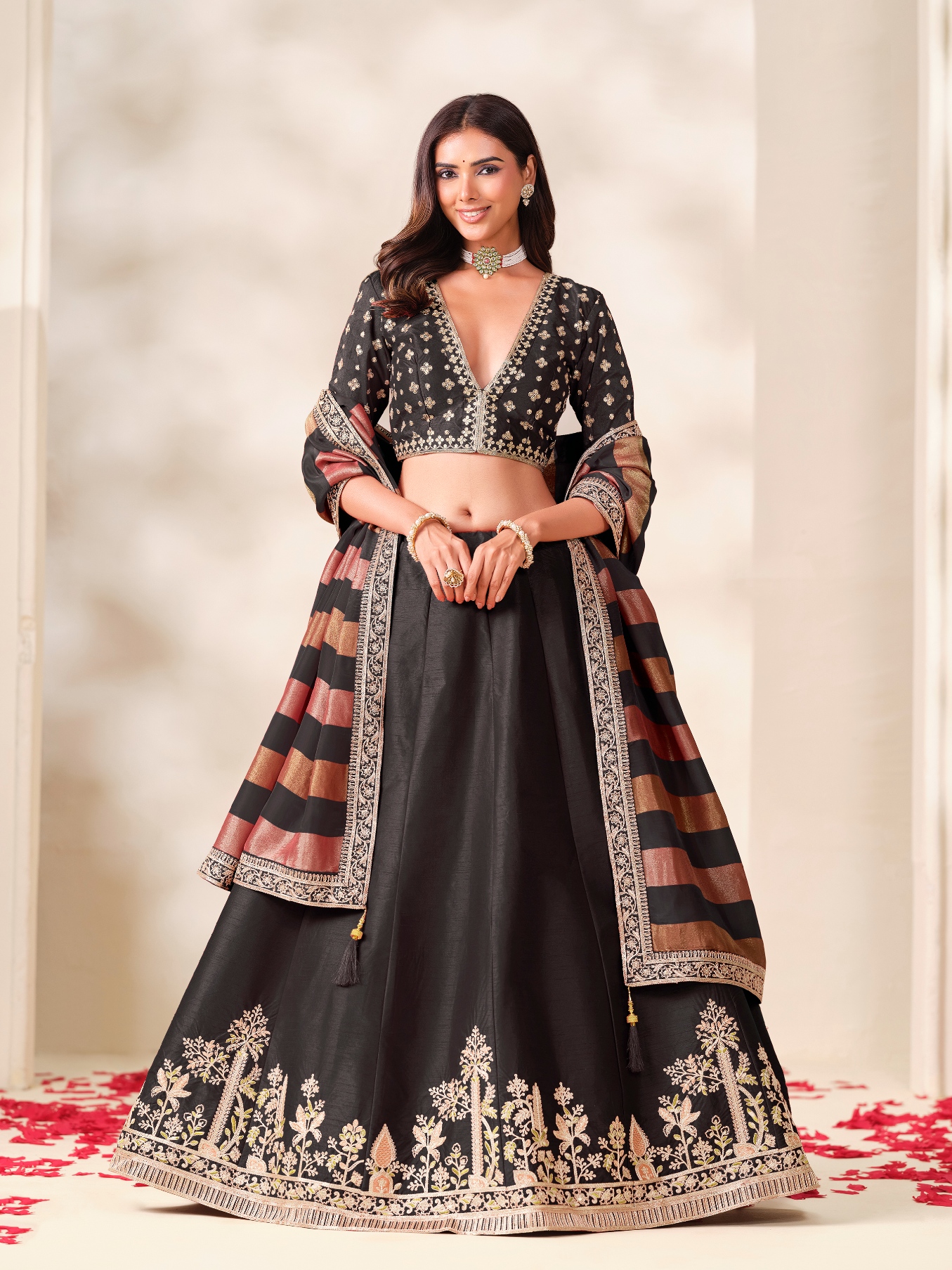 Black Floral Embroidery Art Silk Circular Lehenga Choli