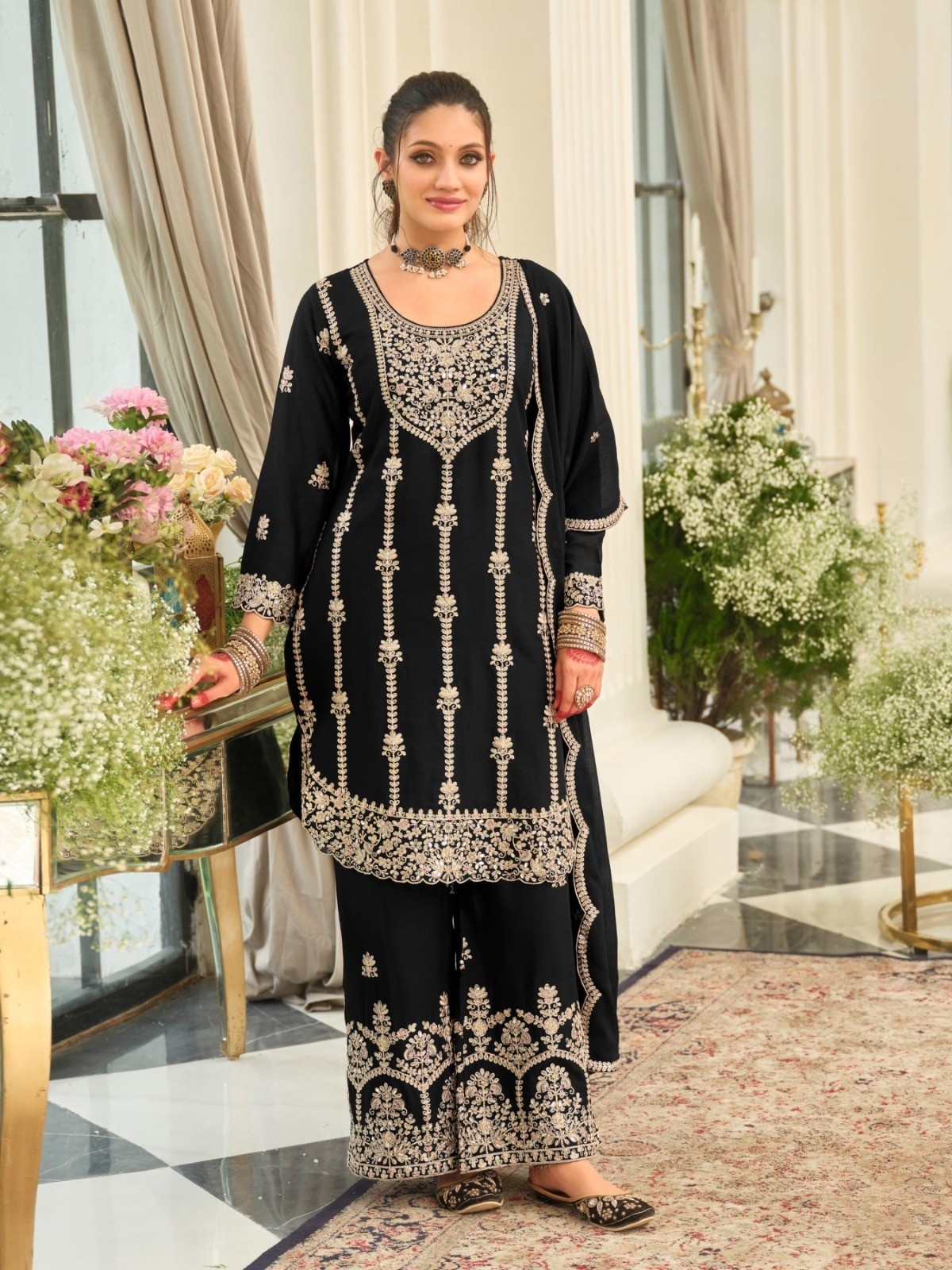 Black Floral Embroidery Chinon Palazzo Suit