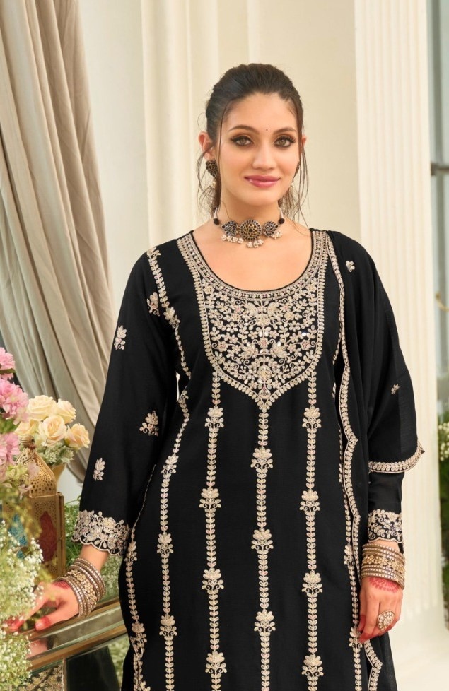 Black Floral Embroidery Chinon Palazzo Suit — alternate view