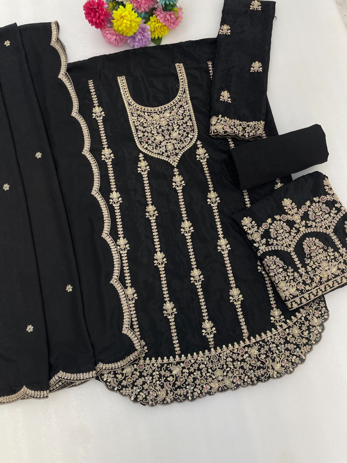 Black Floral Embroidery Chinon Palazzo Suit