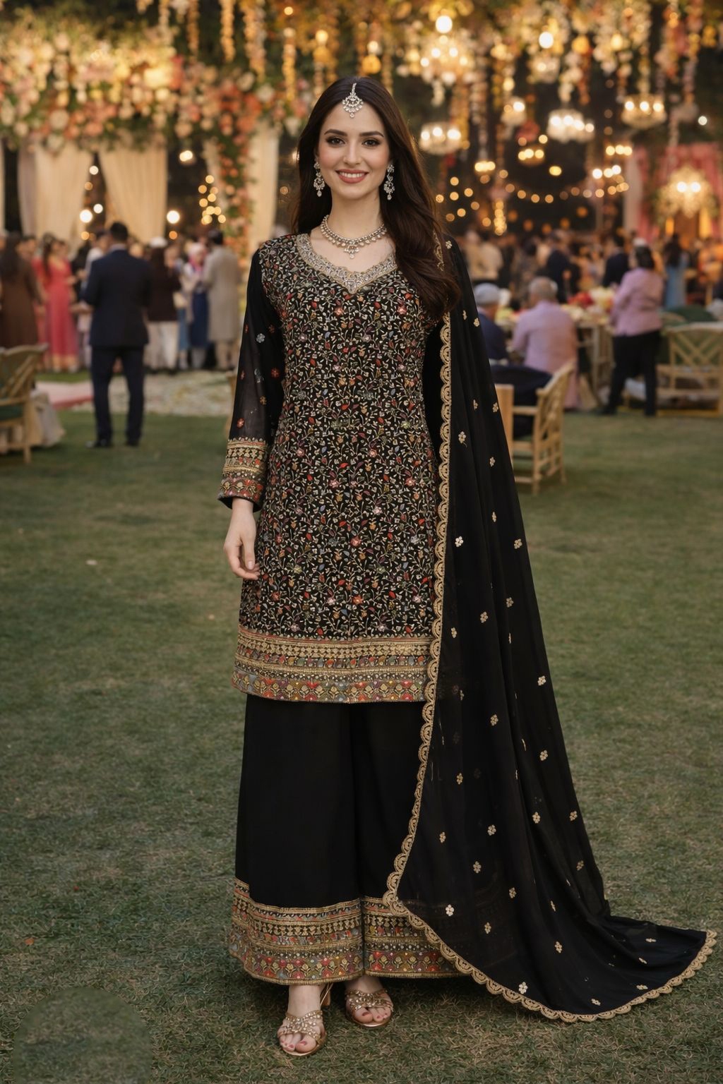 Black Floral Embroidery Georgette Palazzo Suit