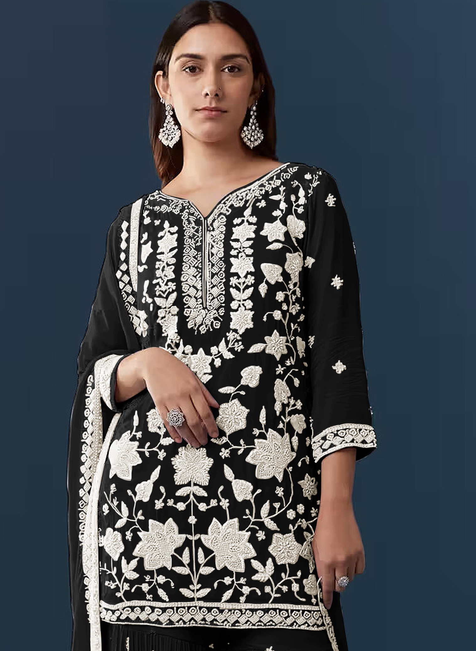 Black Floral Embroidery Georgette Sharara Suit — alternate view