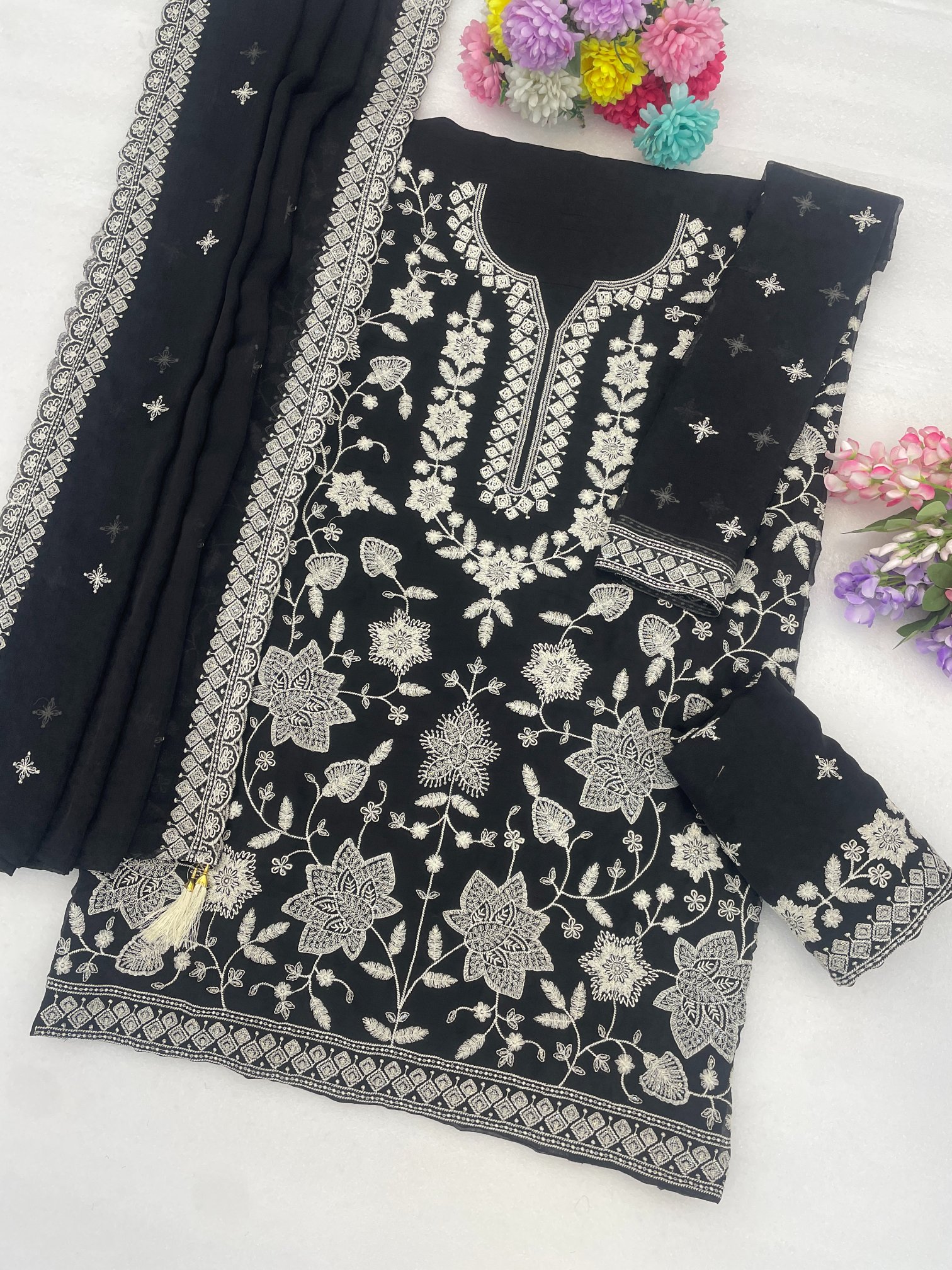 Black Floral Embroidery Georgette Sharara Suit