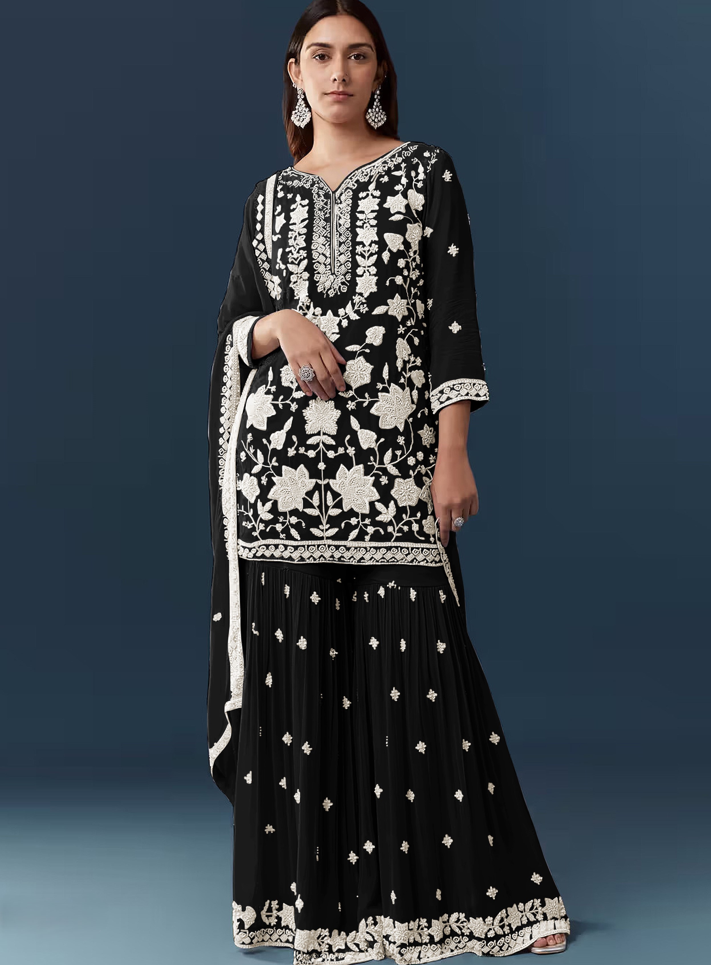 Black Floral Embroidery Georgette Sharara Suit