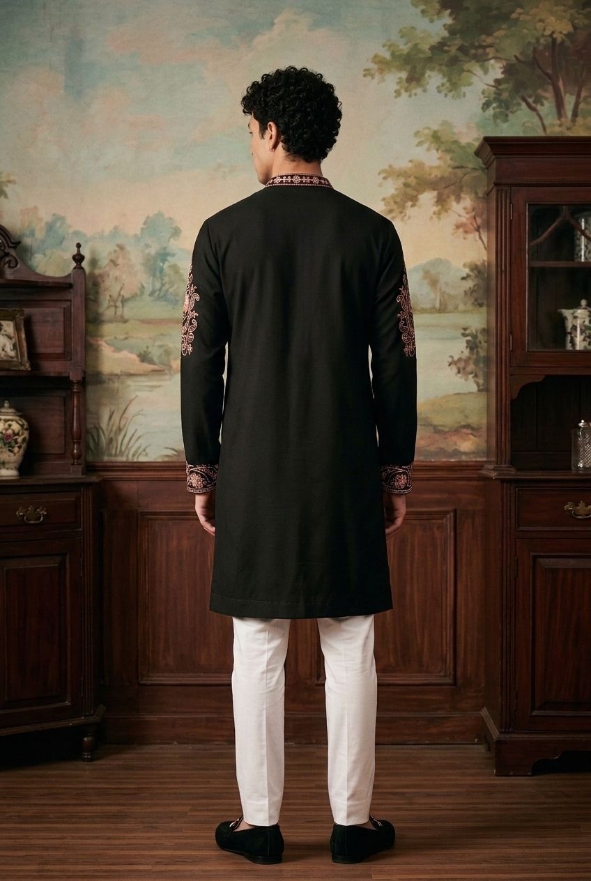 Black Floral Embroidery Imported Lachka Kurta Pyjama — alternate view