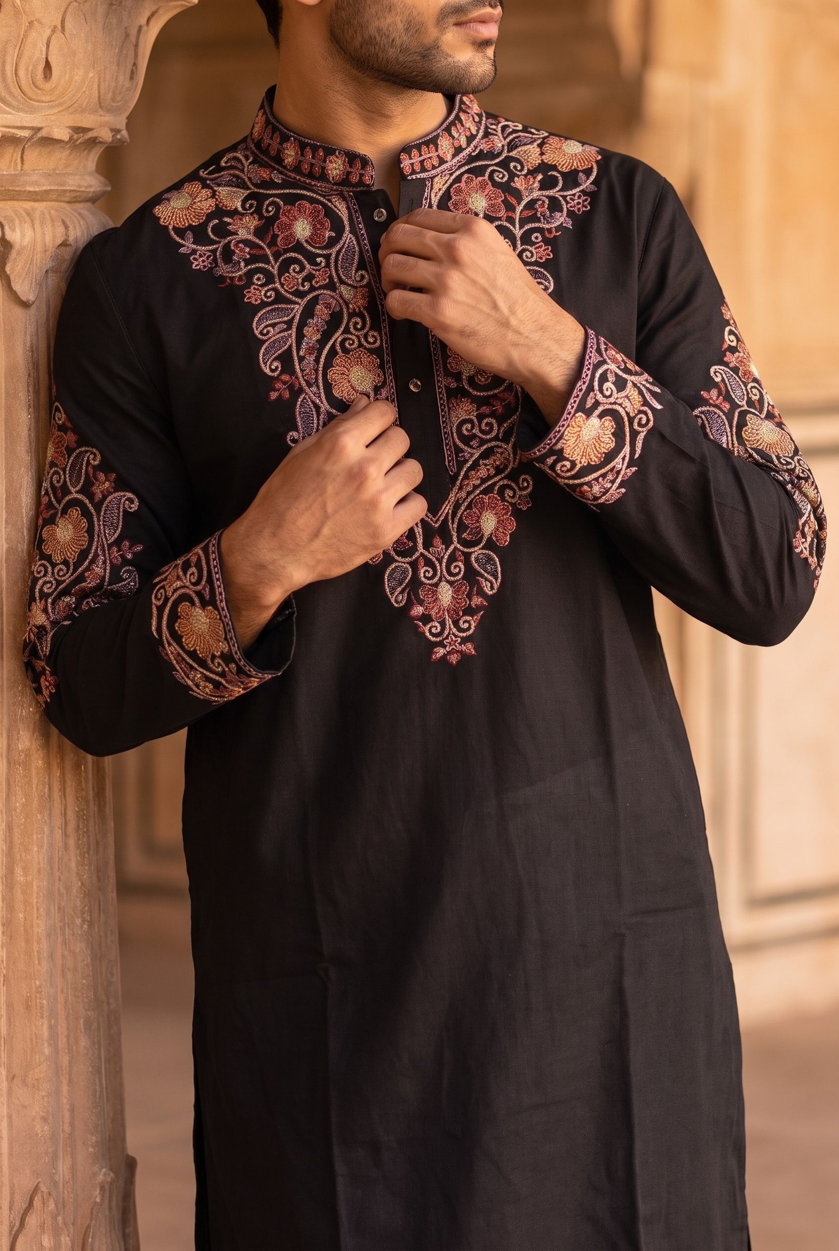Black Floral Embroidery Imported Lachka Kurta Pyjama