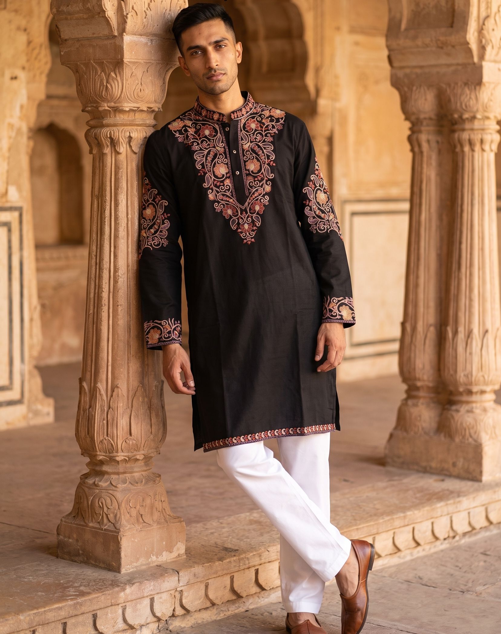 Black Floral Embroidery Imported Lachka Kurta Pyjama