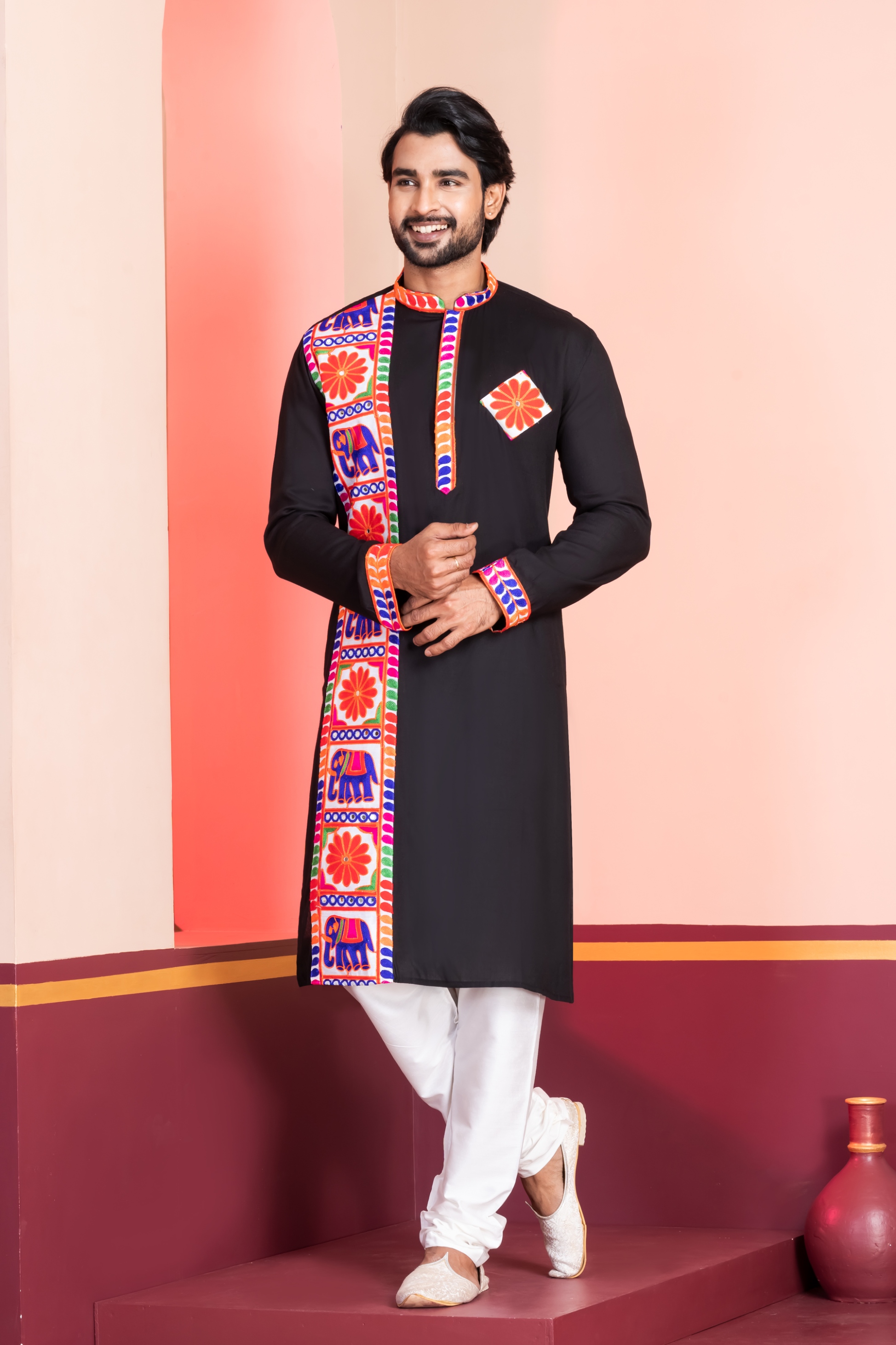 Black Floral Embroidery Rayon Kurta Pyjama