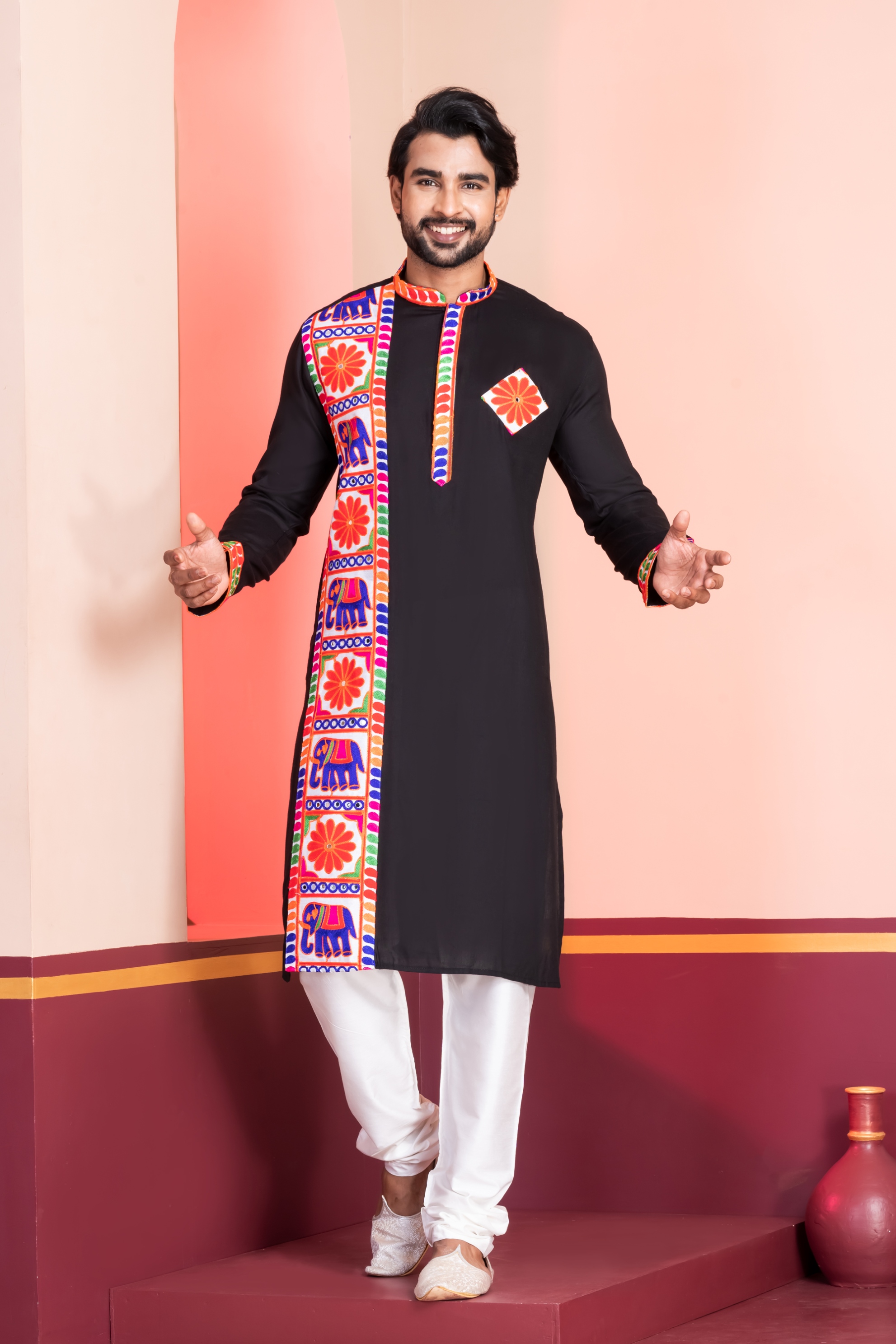 Black Floral Embroidery Rayon Kurta Pyjama