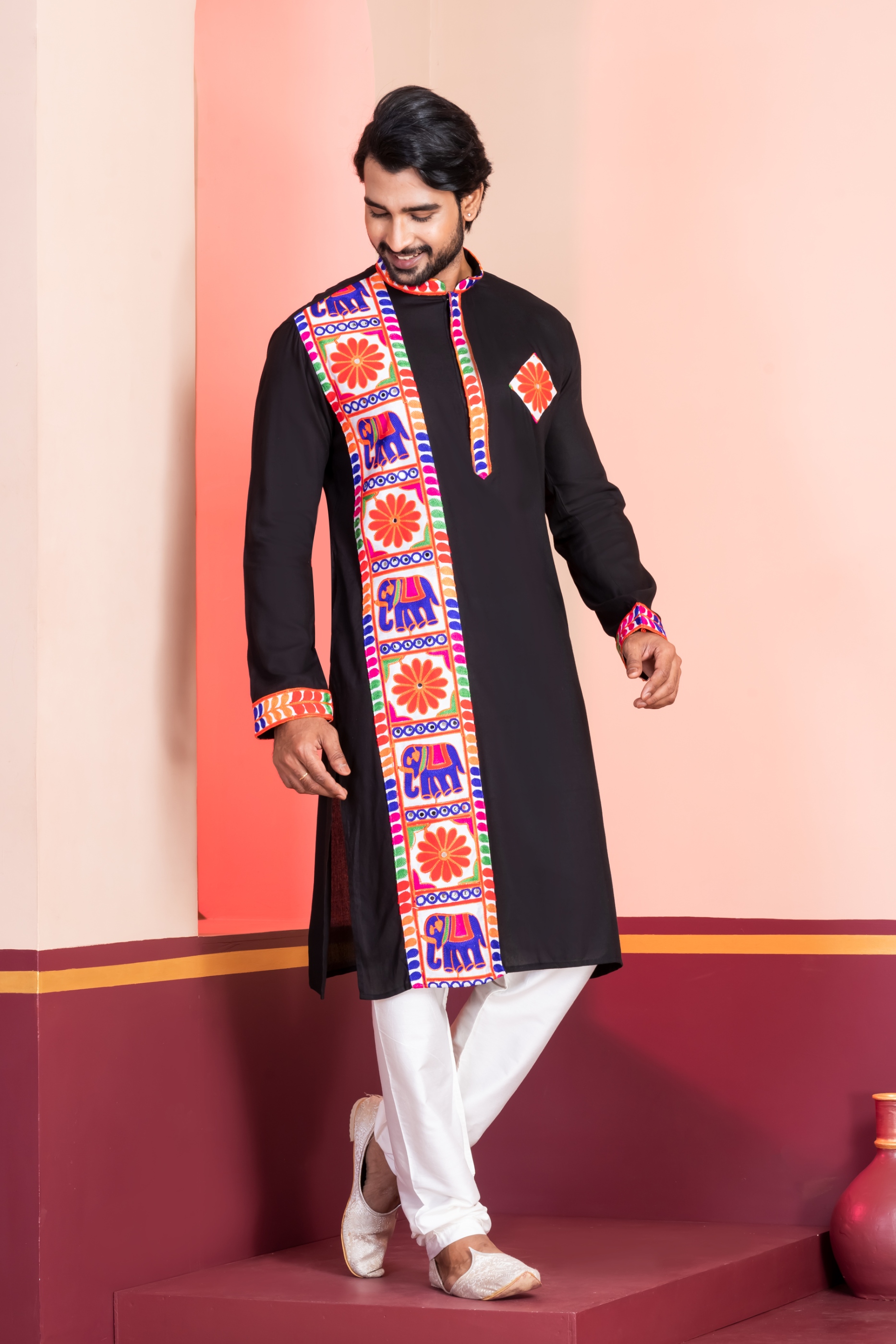 Black Floral Embroidery Rayon Kurta Pyjama