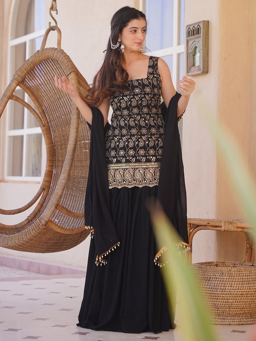 Black Floral Embroidery Silk Kurta Set