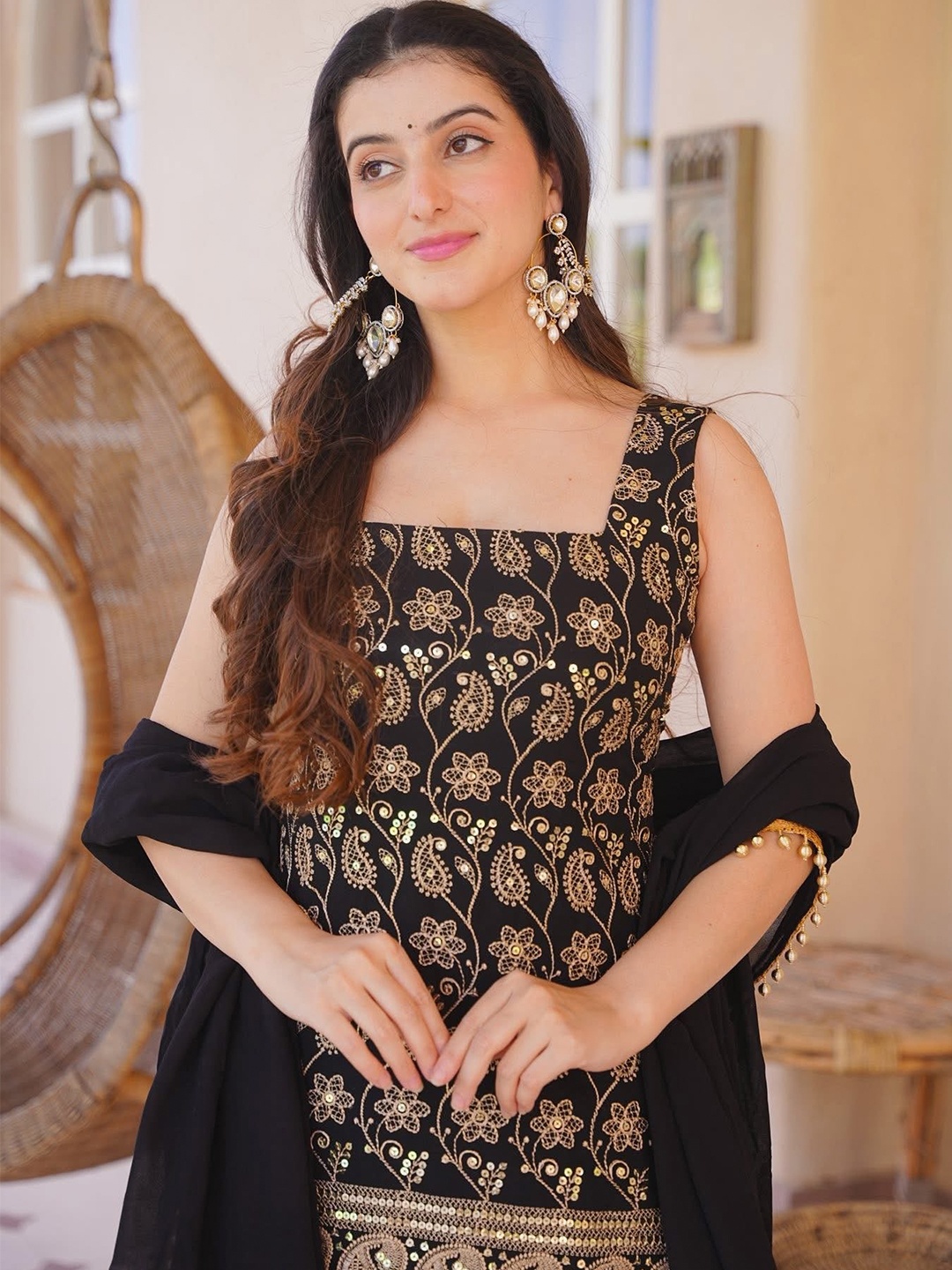 Black Floral Embroidery Silk Kurta Set