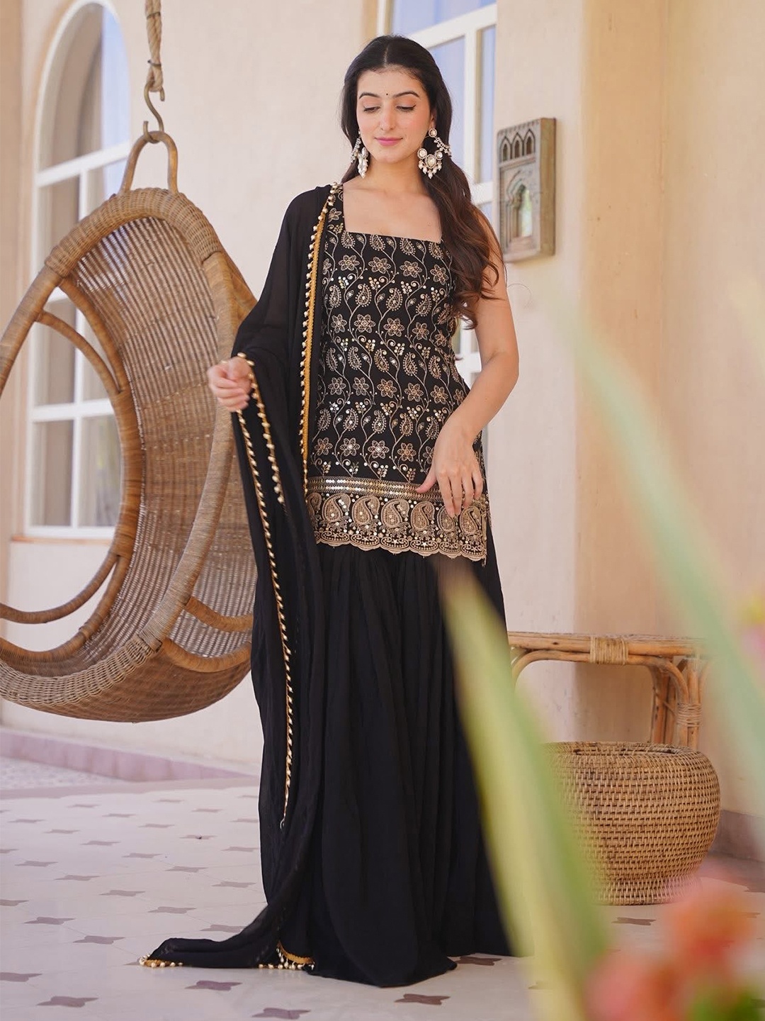 Black Floral Embroidery Silk Kurta Set