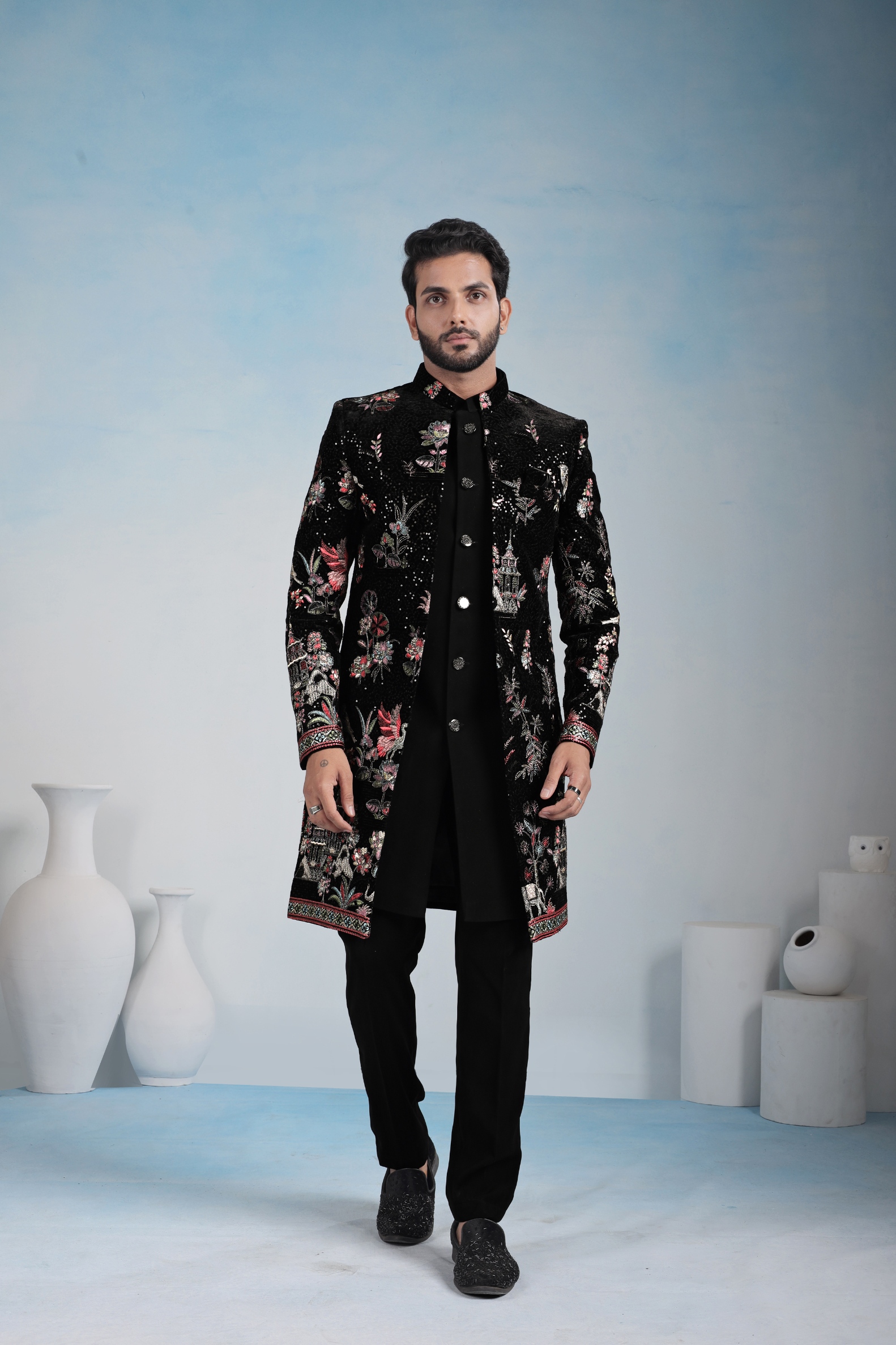 Black Floral Embroidery Velvet Indo-Western Sherwani