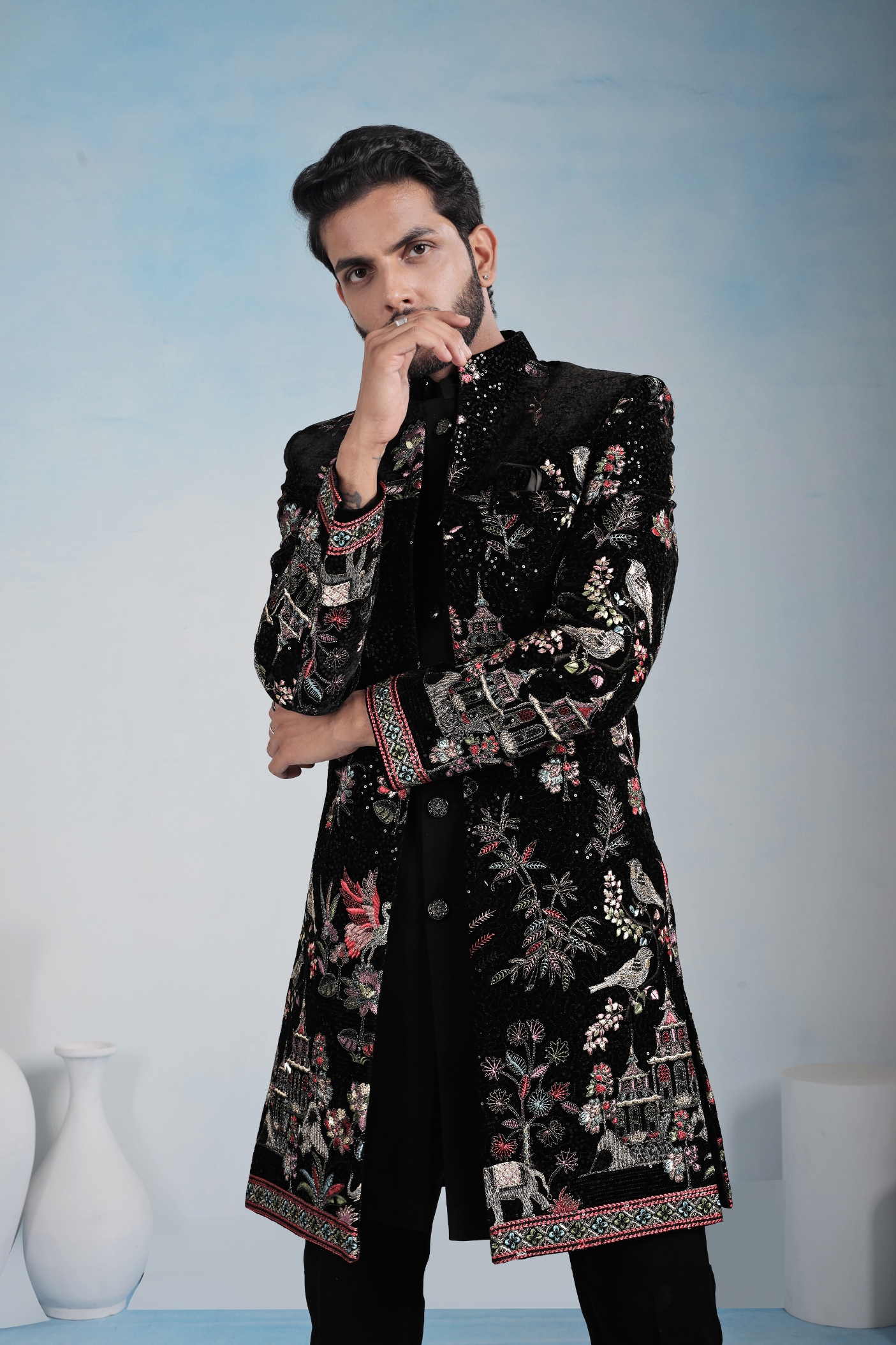 Black Floral Embroidery Velvet Indo-Western Sherwani — alternate view