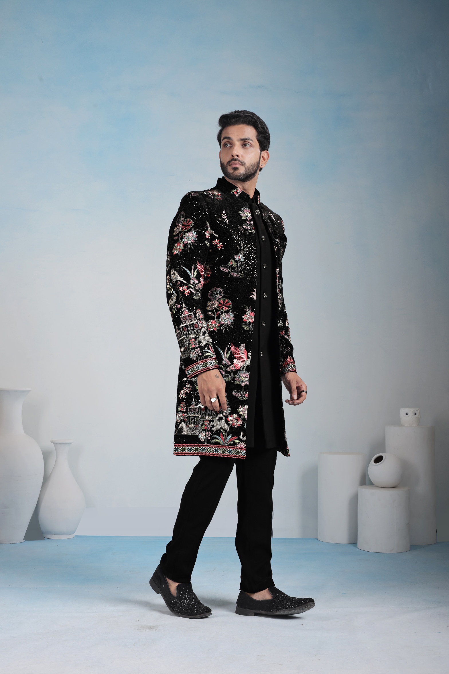 Black Floral Embroidery Velvet Indo-Western Sherwani