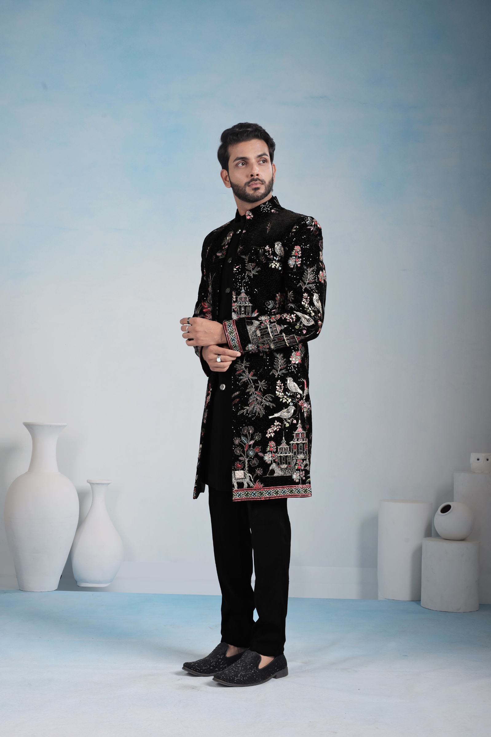 Black Floral Embroidery Velvet Indo-Western Sherwani