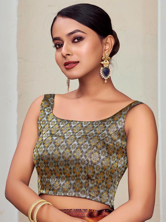 Black Floral Jacquard Banarasi Silk Saree Blouse