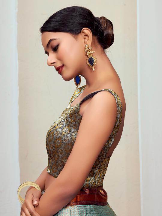 Black Floral Jacquard Banarasi Silk Saree Blouse — alternate view