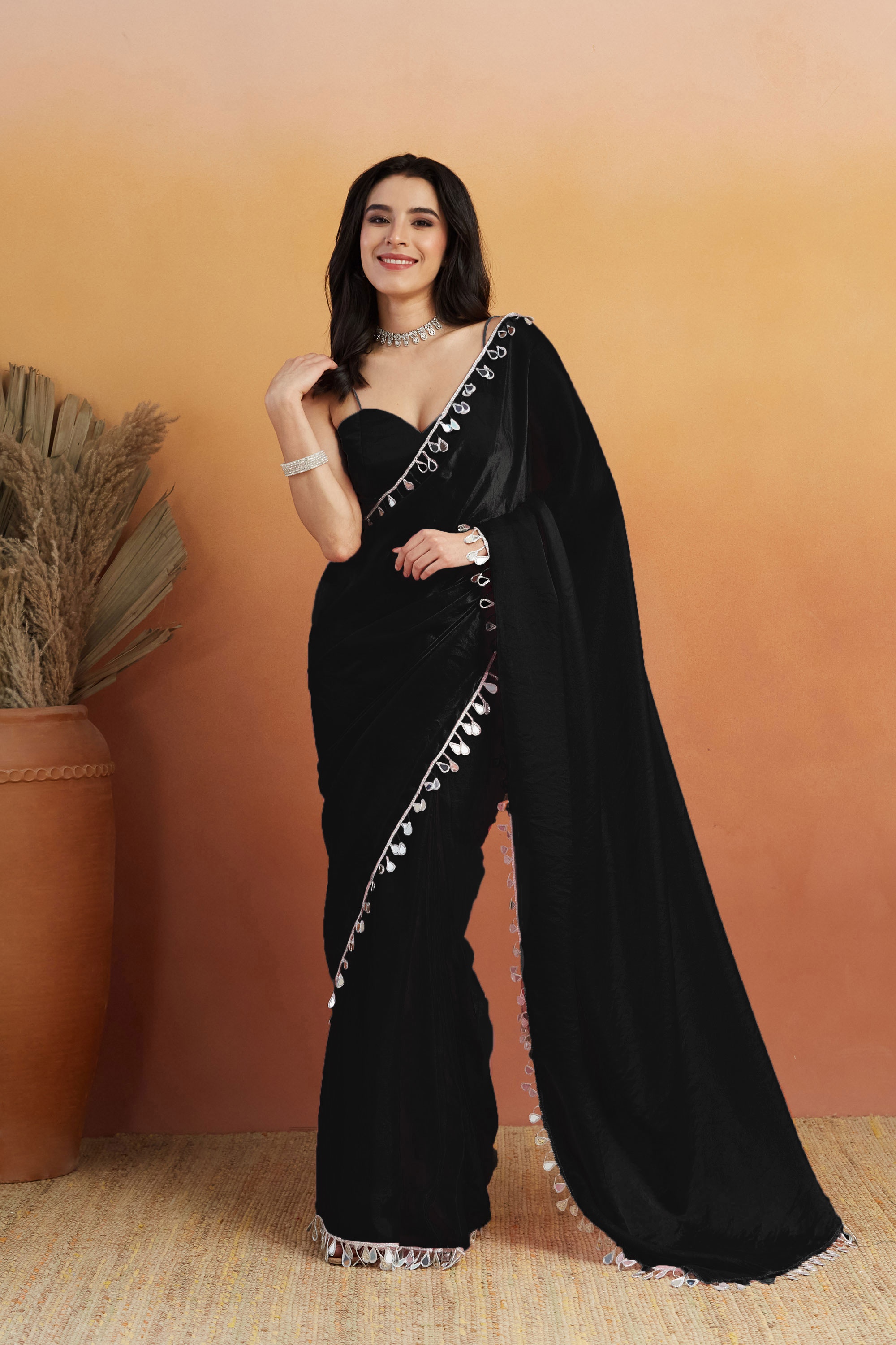 Black Floral Lace Ready To Wear Saree