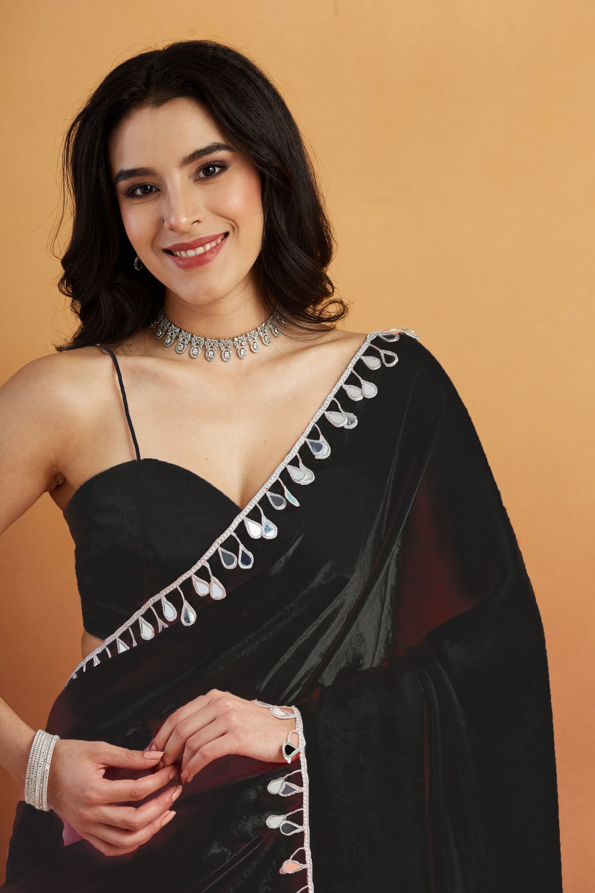 Black Floral Lace Ready To Wear Saree