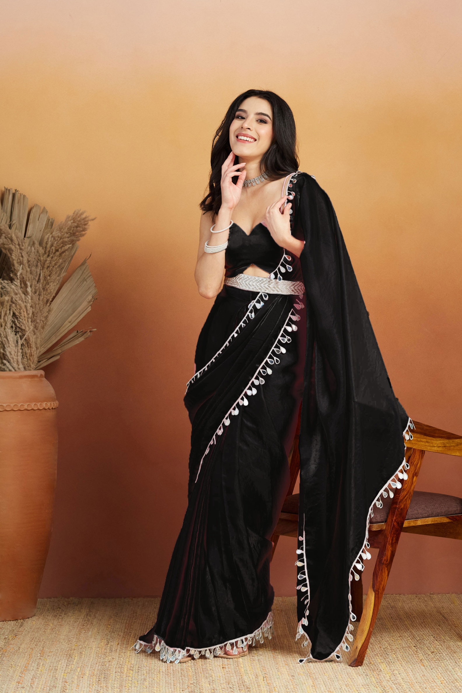 Black Floral Lace Ready To Wear Saree