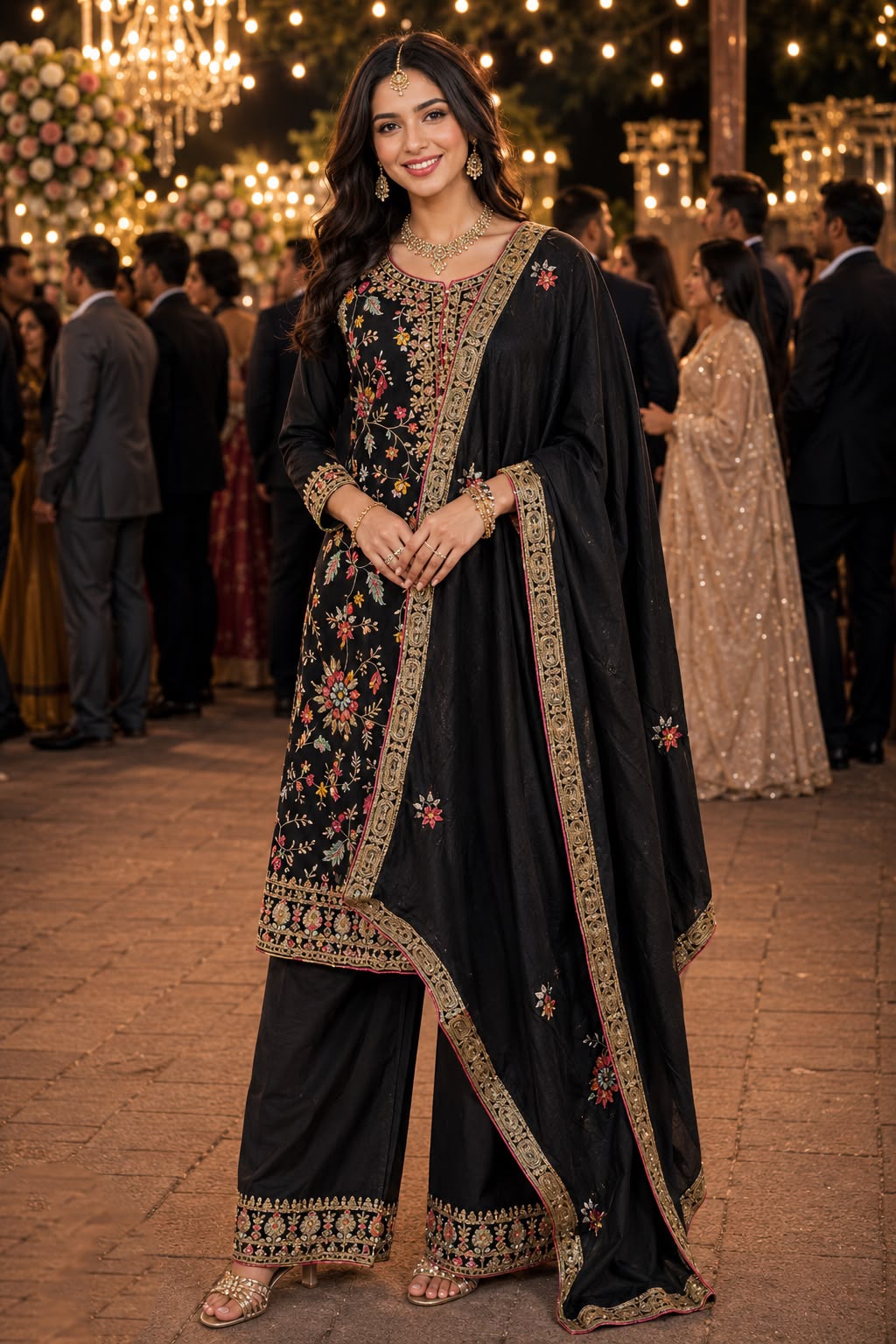 Black Floral Mirror Work Chinon Palazzo Suit