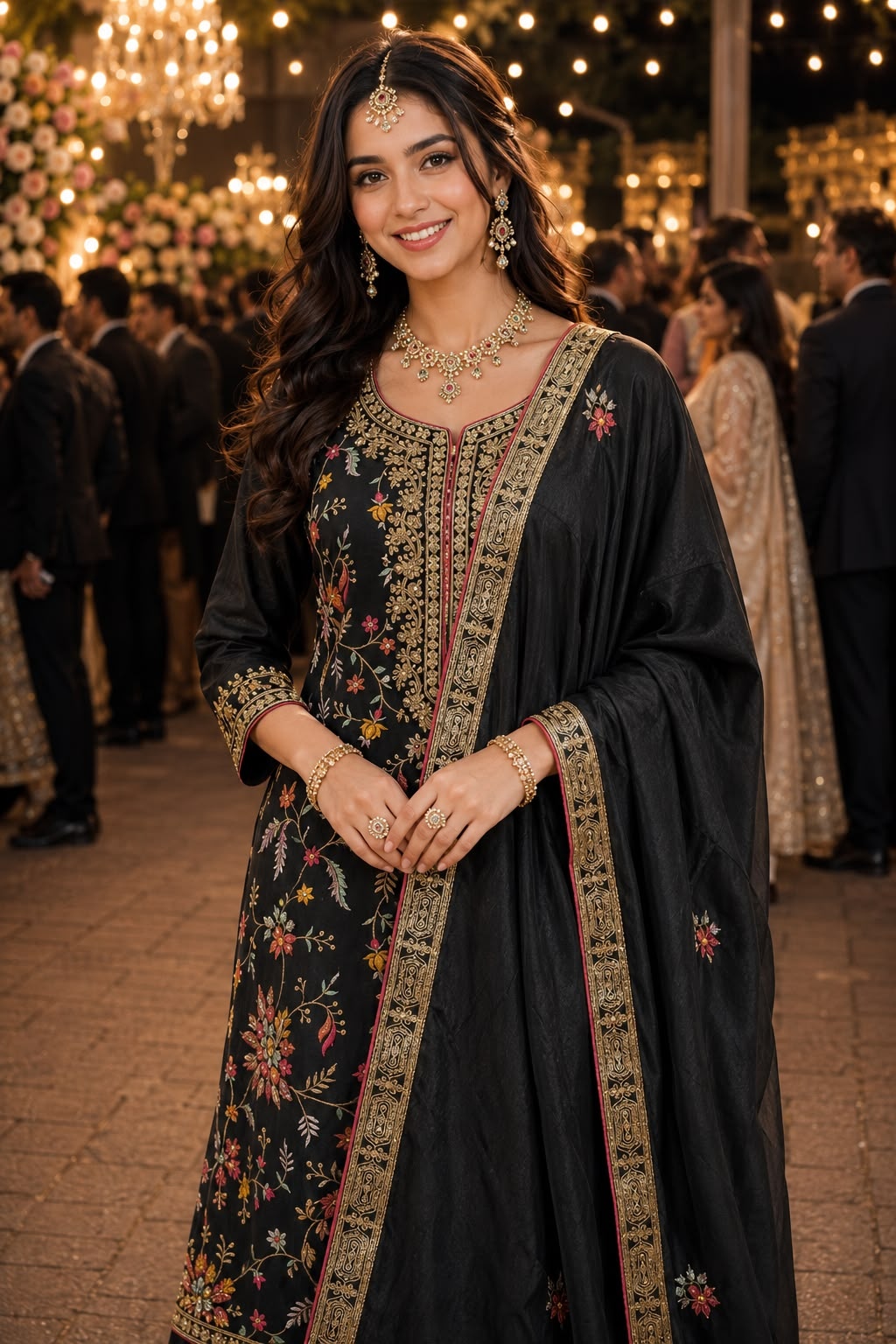 Black Floral Mirror Work Chinon Palazzo Suit — alternate view