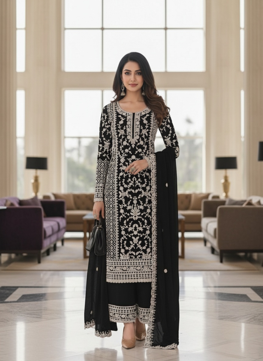 Black Floral Net Palazzo Suit