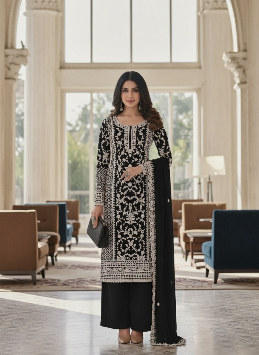 Black Floral Net Palazzo Suit — alternate view
