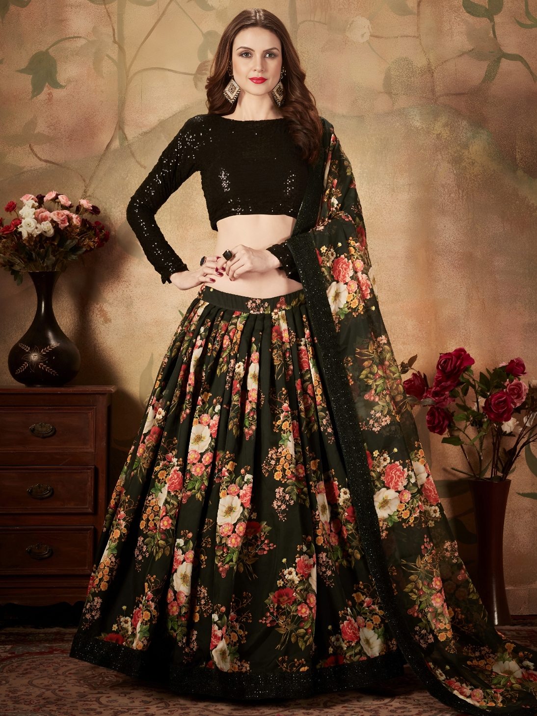 Black Floral Organza Lehenga Choli