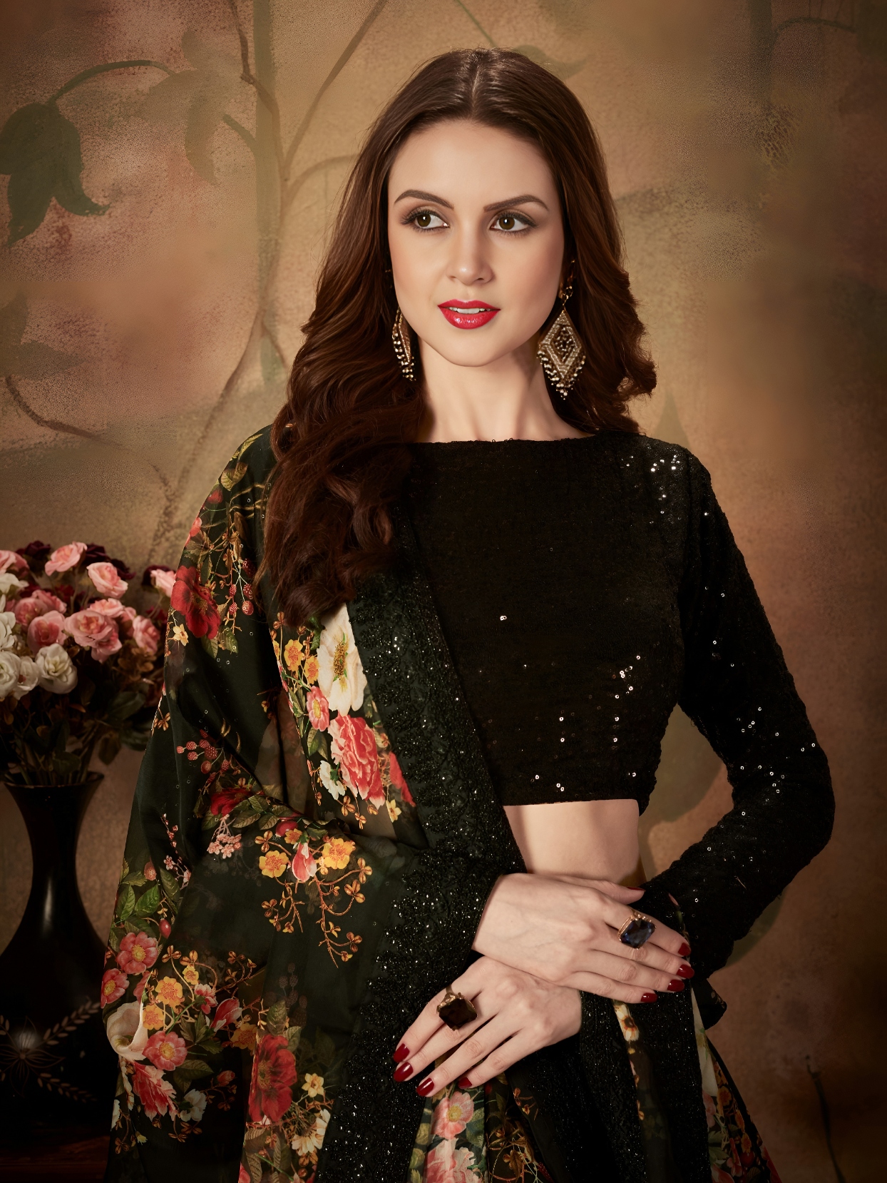 Black Floral Organza Lehenga Choli