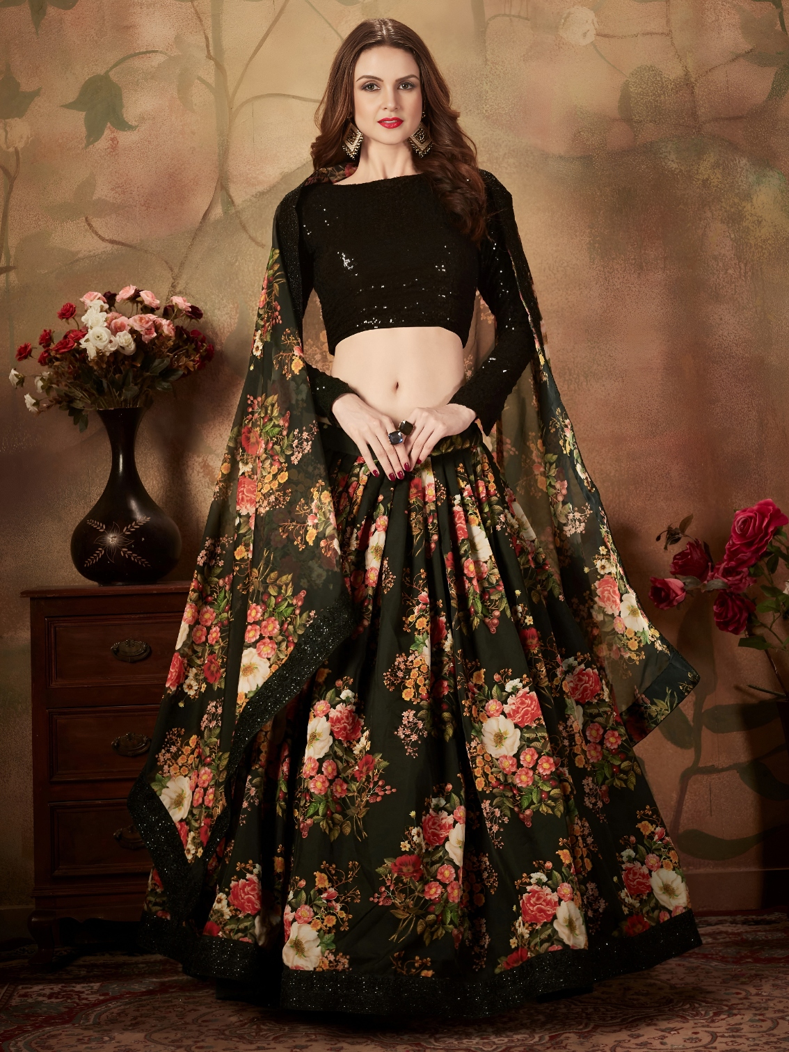 Black Floral Organza Lehenga Choli