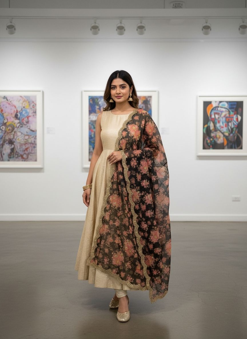 Black Floral Printed Art Silk Dupatta