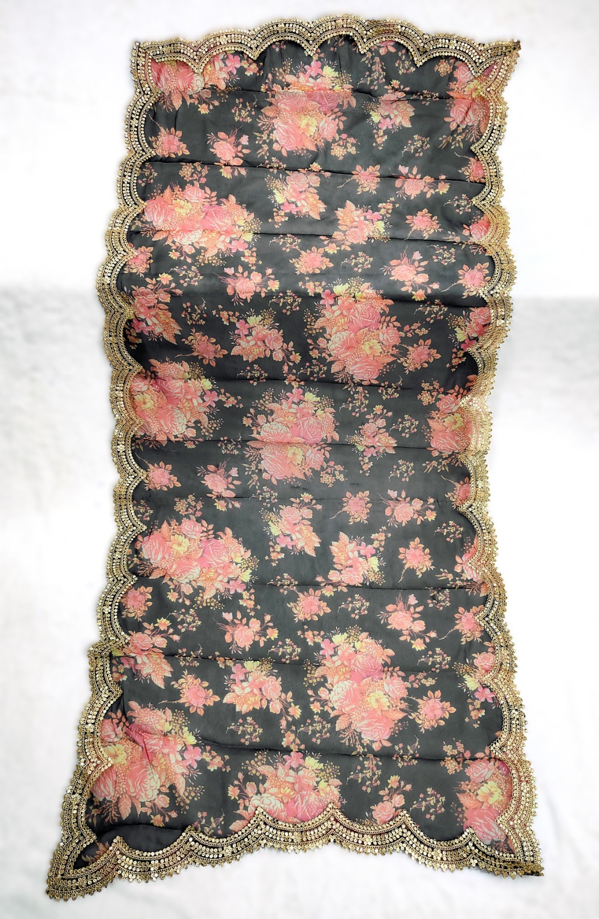 Black Floral Printed Art Silk Dupatta