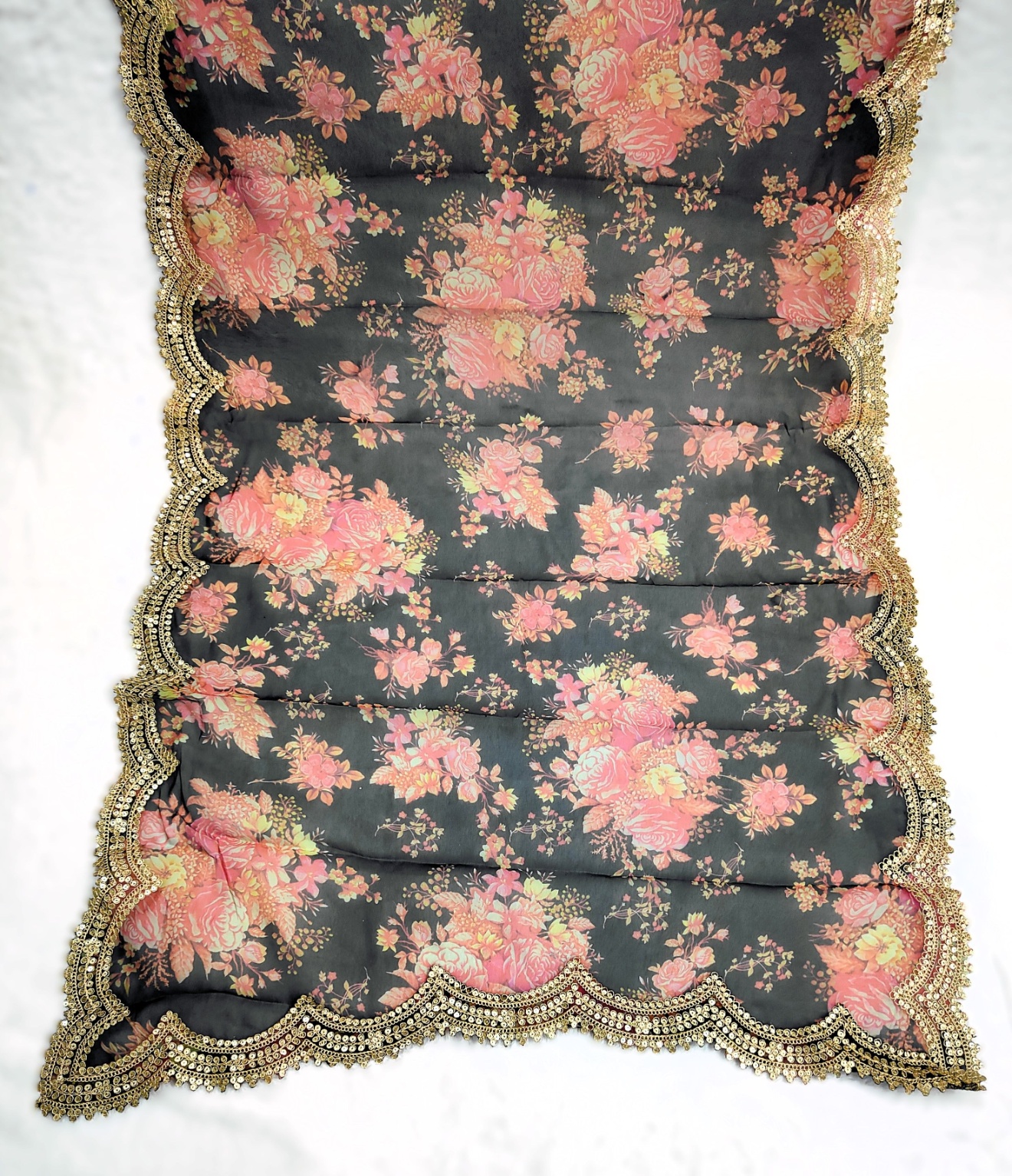 Black Floral Printed Art Silk Dupatta