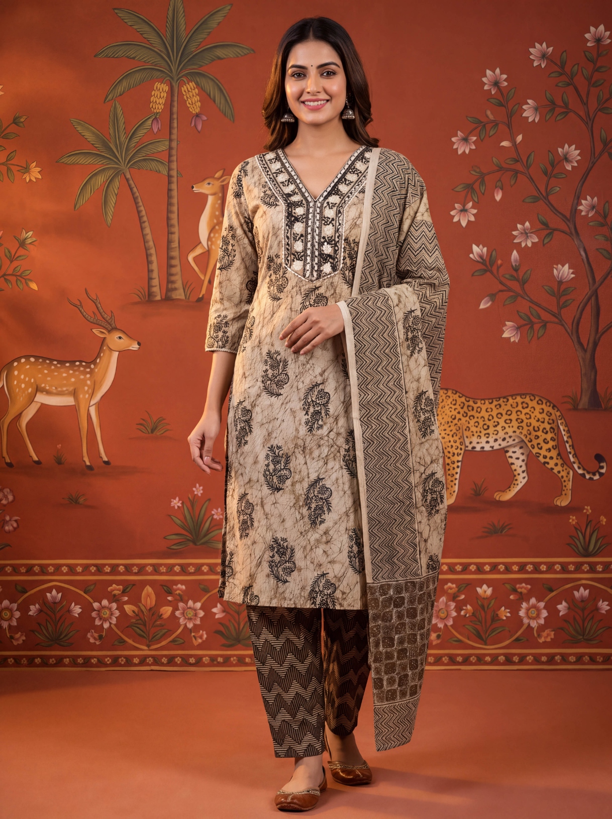 Black Floral Printed Cotton Straight Kurta Set