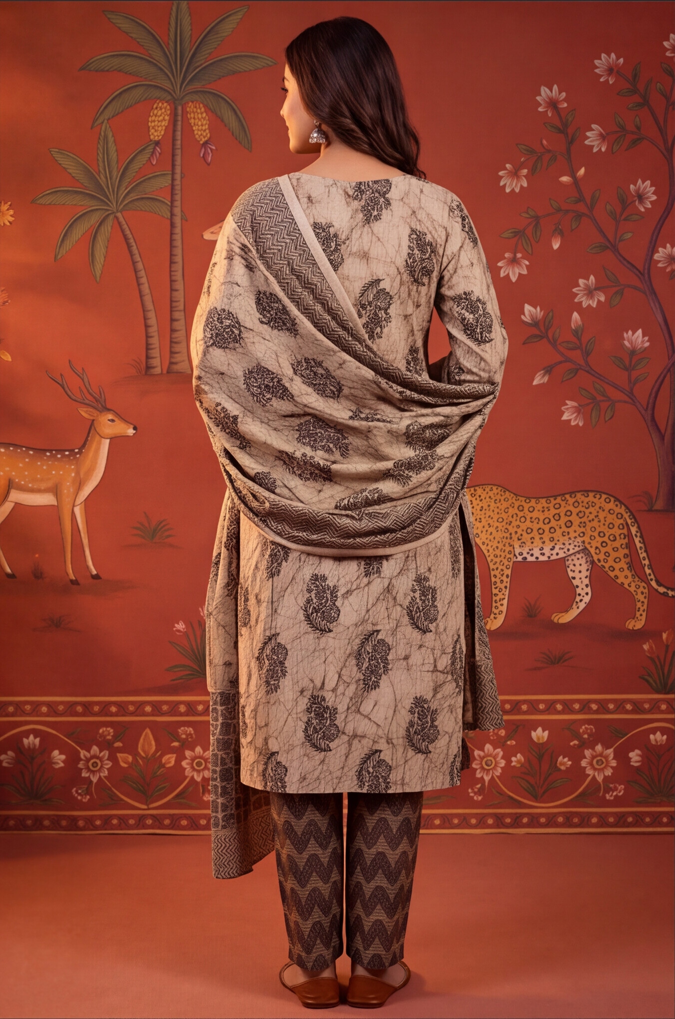 Black Floral Printed Cotton Straight Kurta Set — alternate view