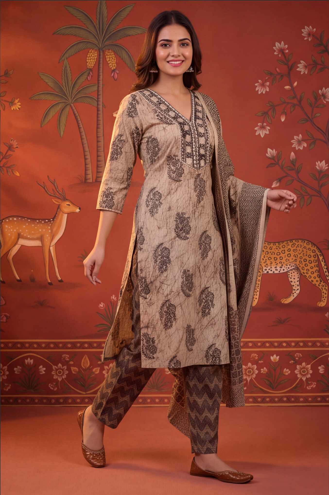 Black Floral Printed Cotton Straight Kurta Set