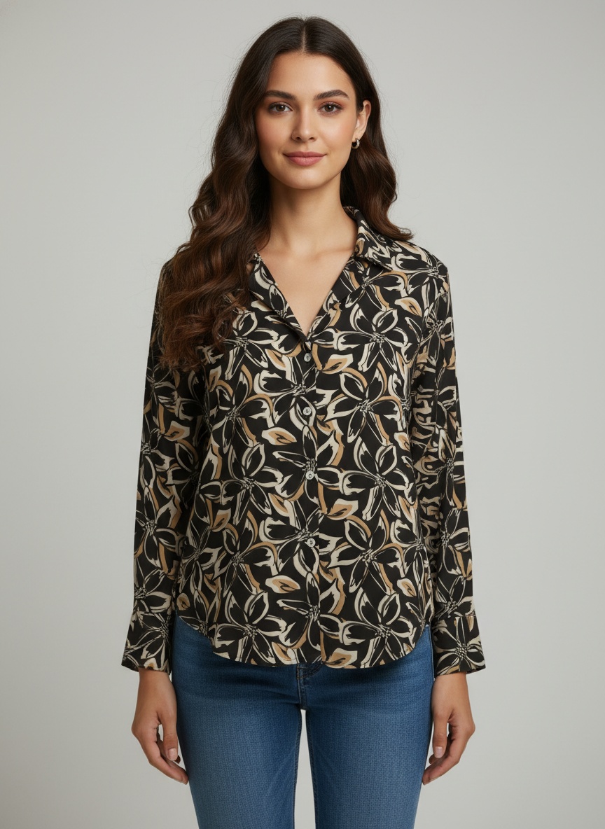 Black Floral Printed Crepe Casual Shirt