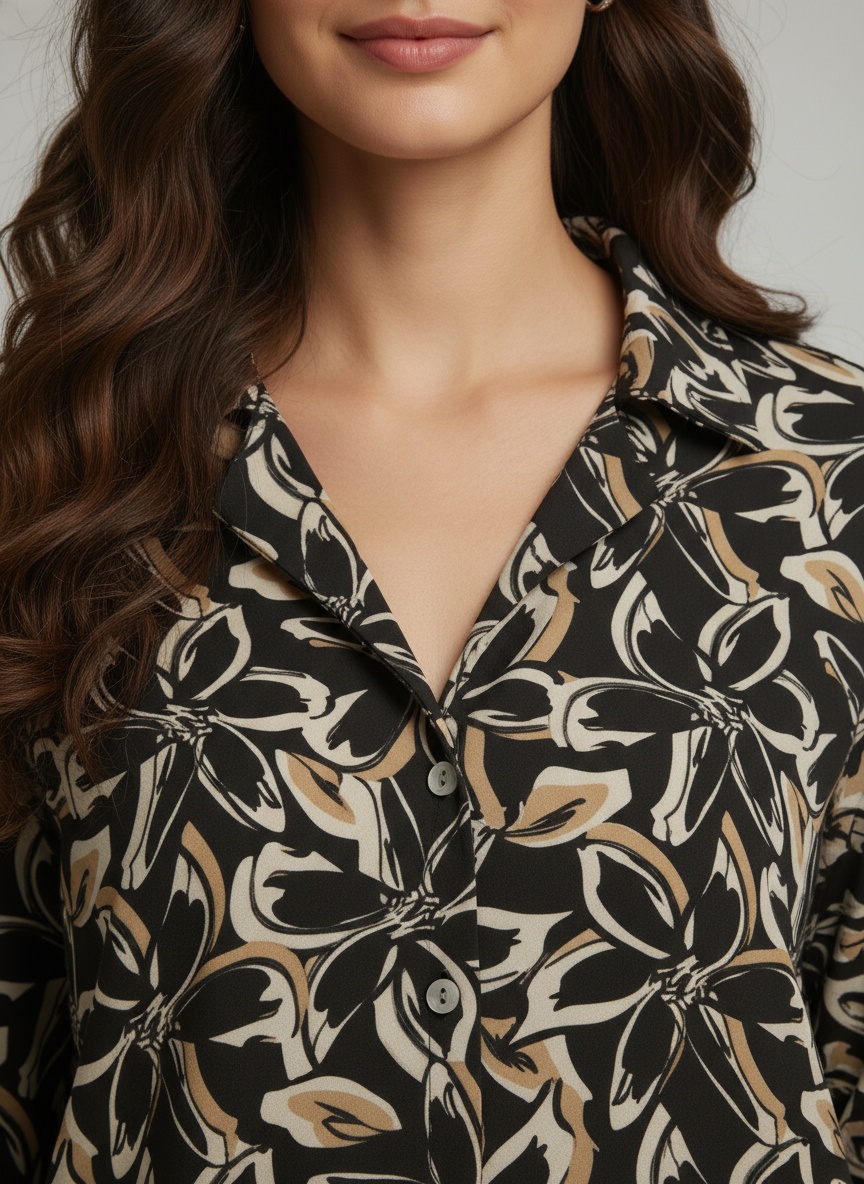 Black Floral Printed Crepe Casual Shirt