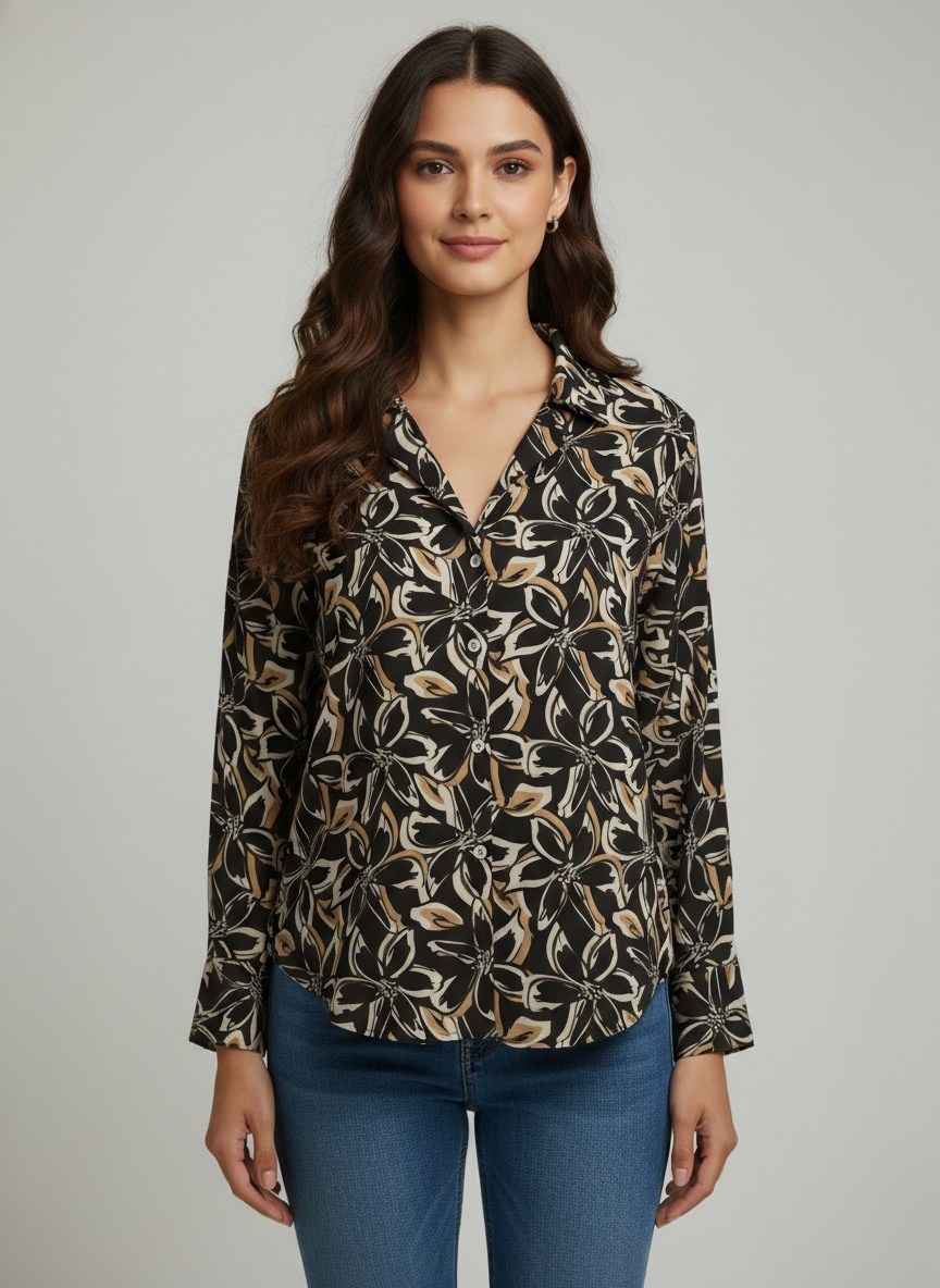 Black Floral Printed Crepe Casual Shirt