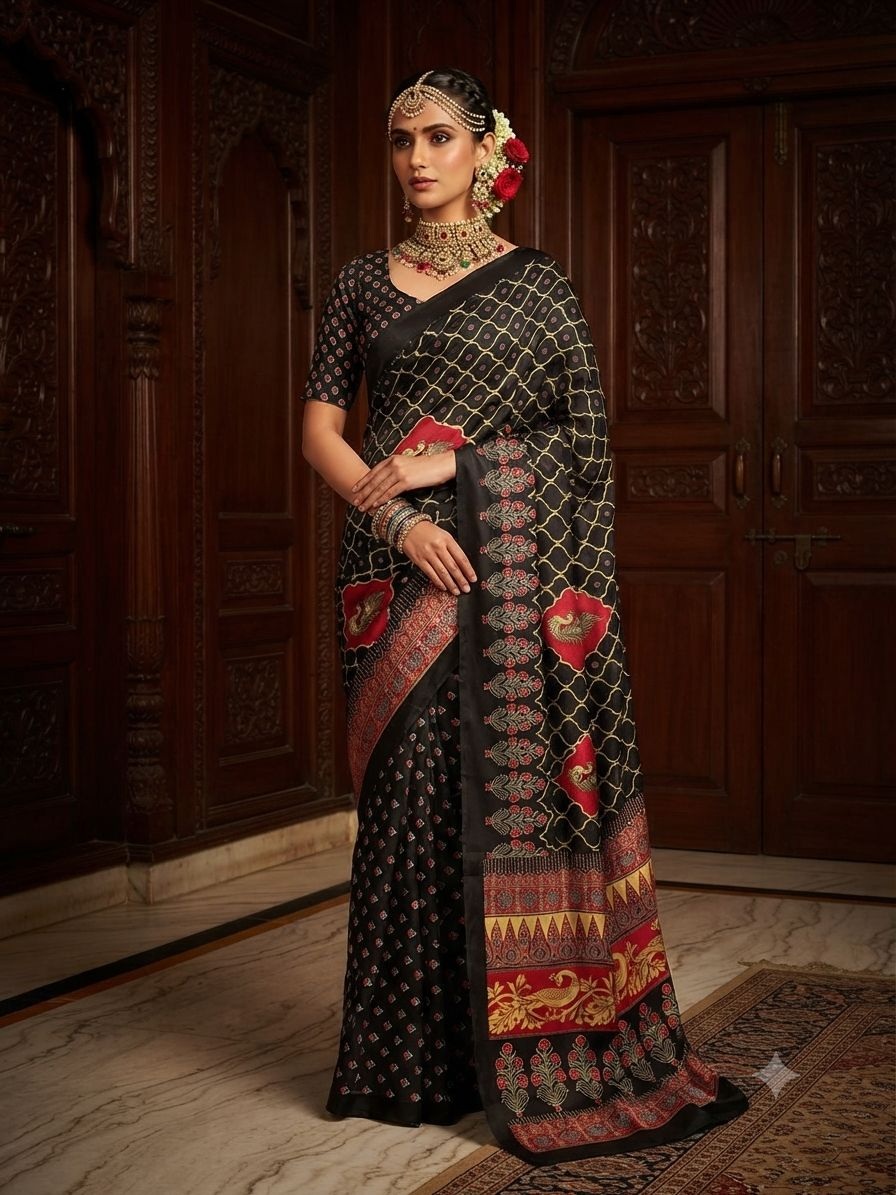 Black Floral Printed Crepe Silk Saree