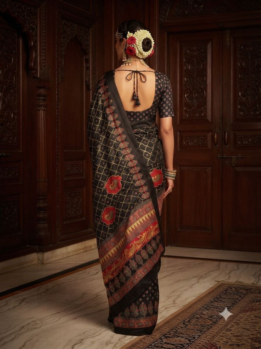 Black Floral Printed Crepe Silk Saree — alternate view