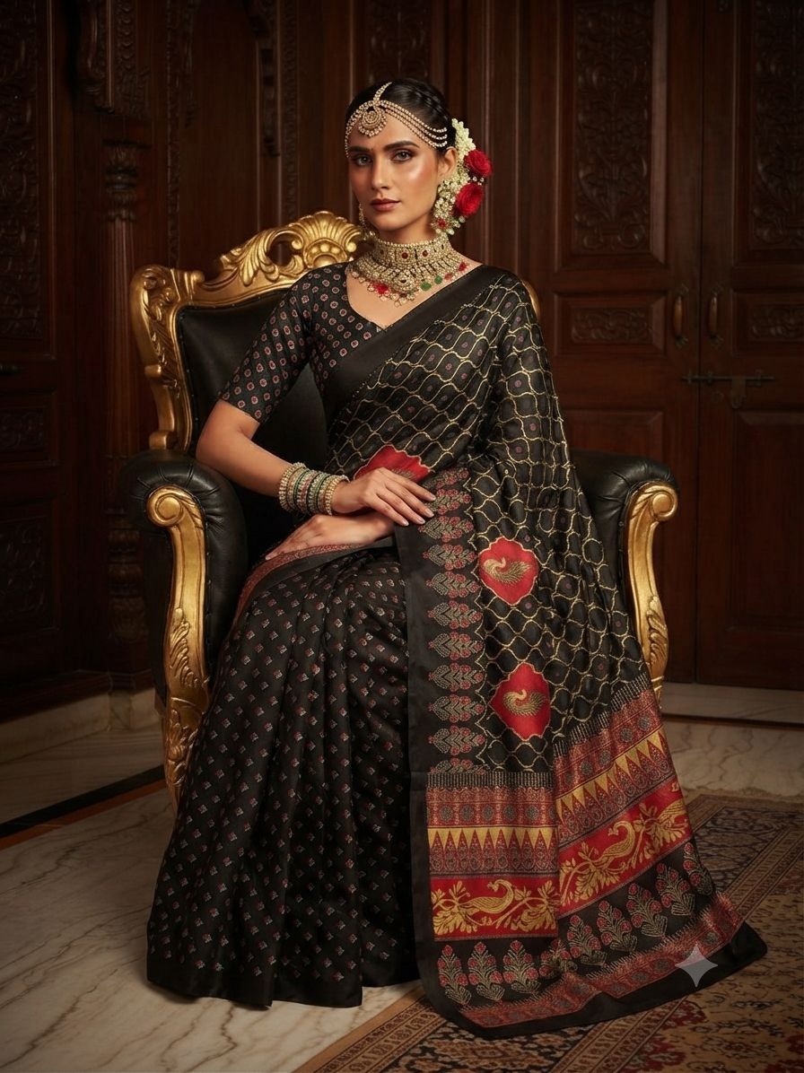 Black Floral Printed Crepe Silk Saree