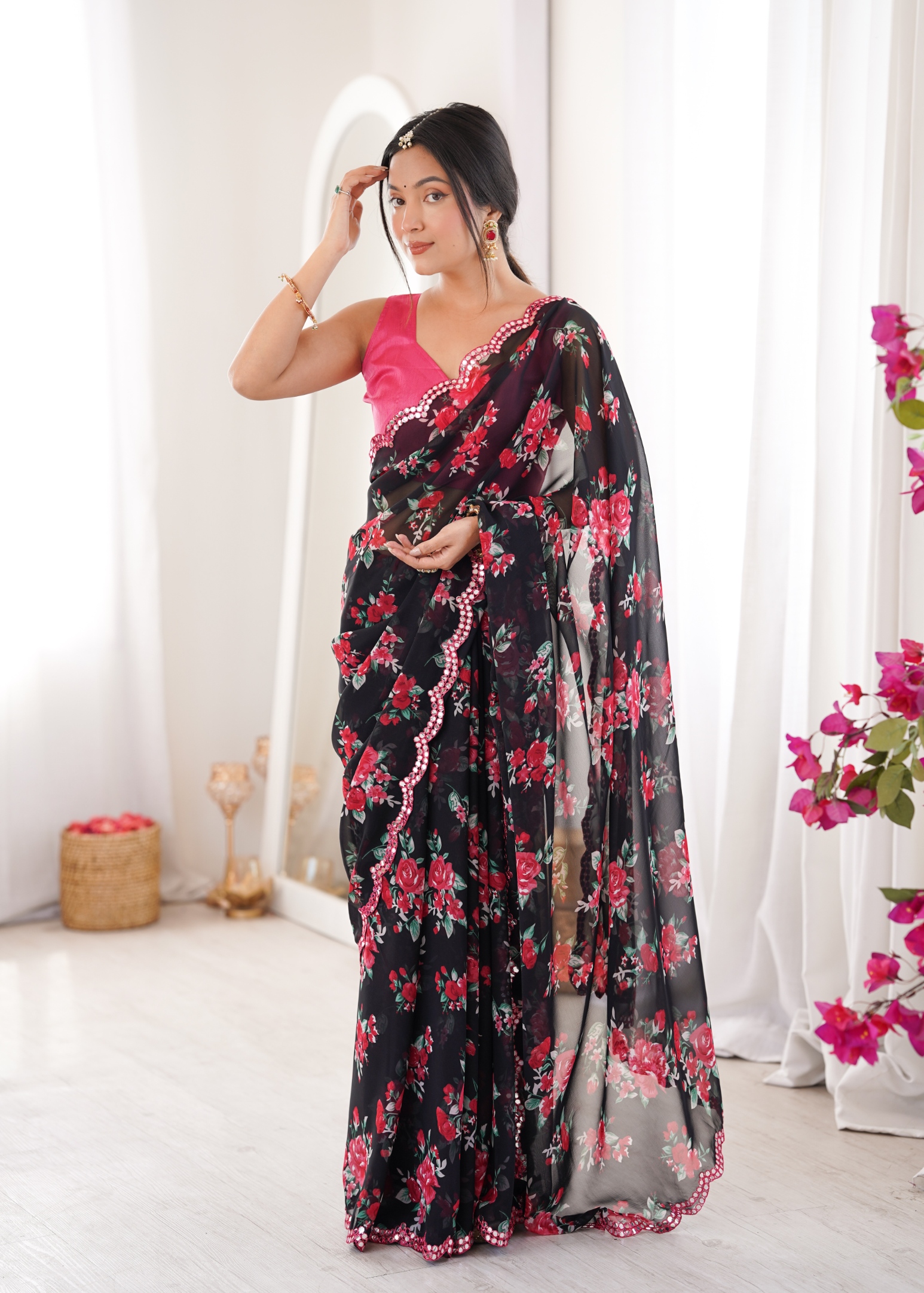 Black Floral Printed Georgette Party Saree